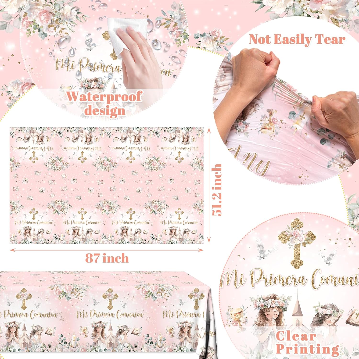 3Pcs First Communion Table Cloth with Golden Cross and Flowers