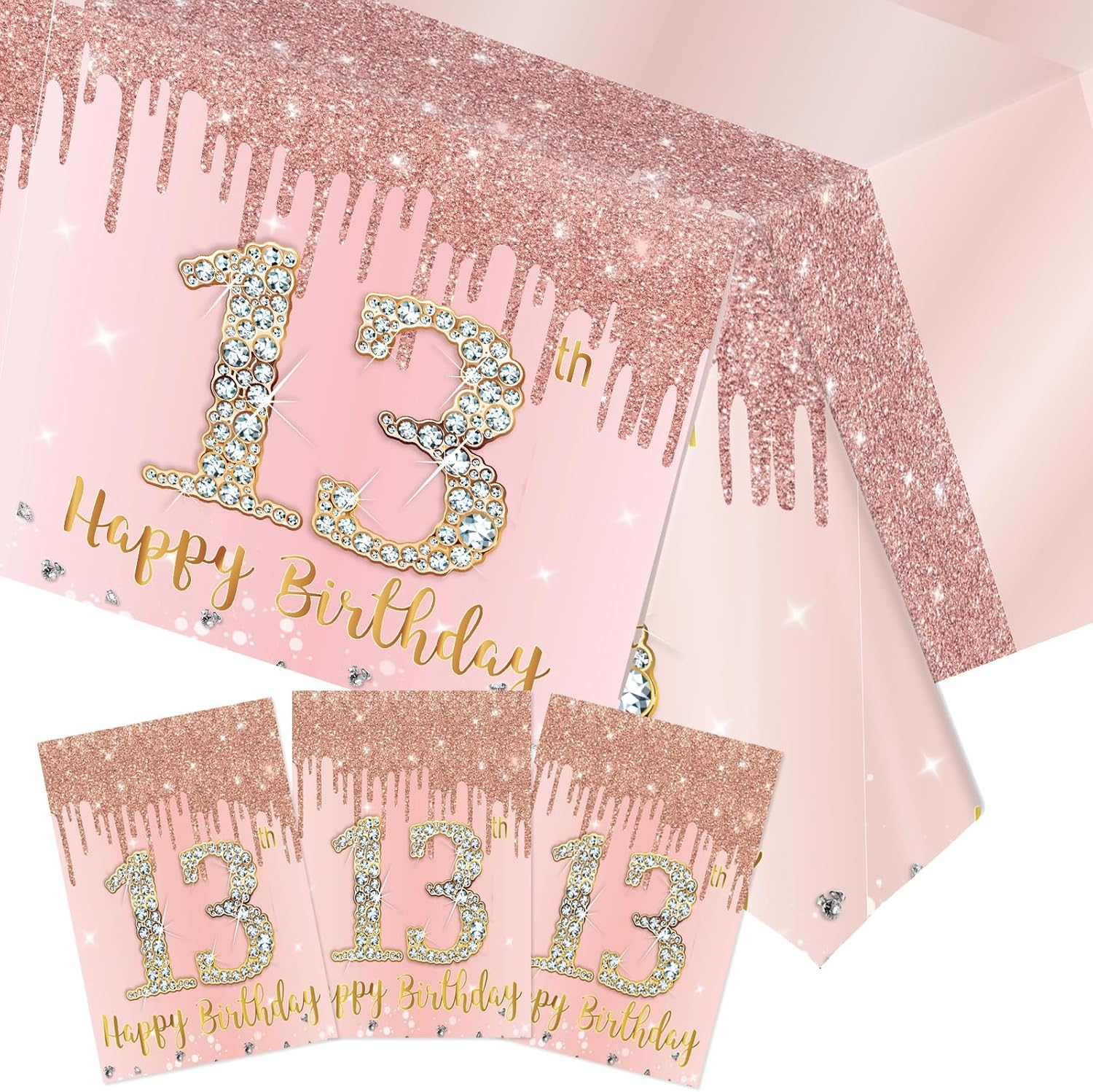 3PCS Rose Gold 13th Birthday Tablecloth Decorations
