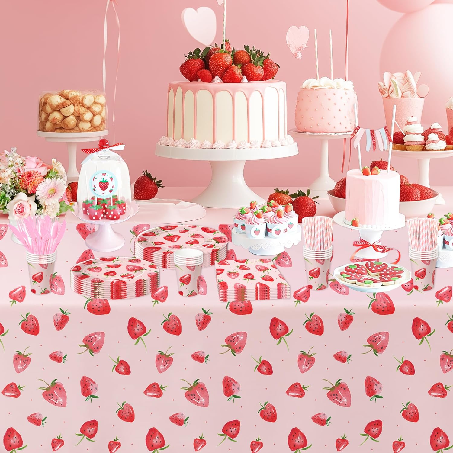 Strawberry Birthday Party Decorations Tablecloth 3 Pcs 54x108 Inches