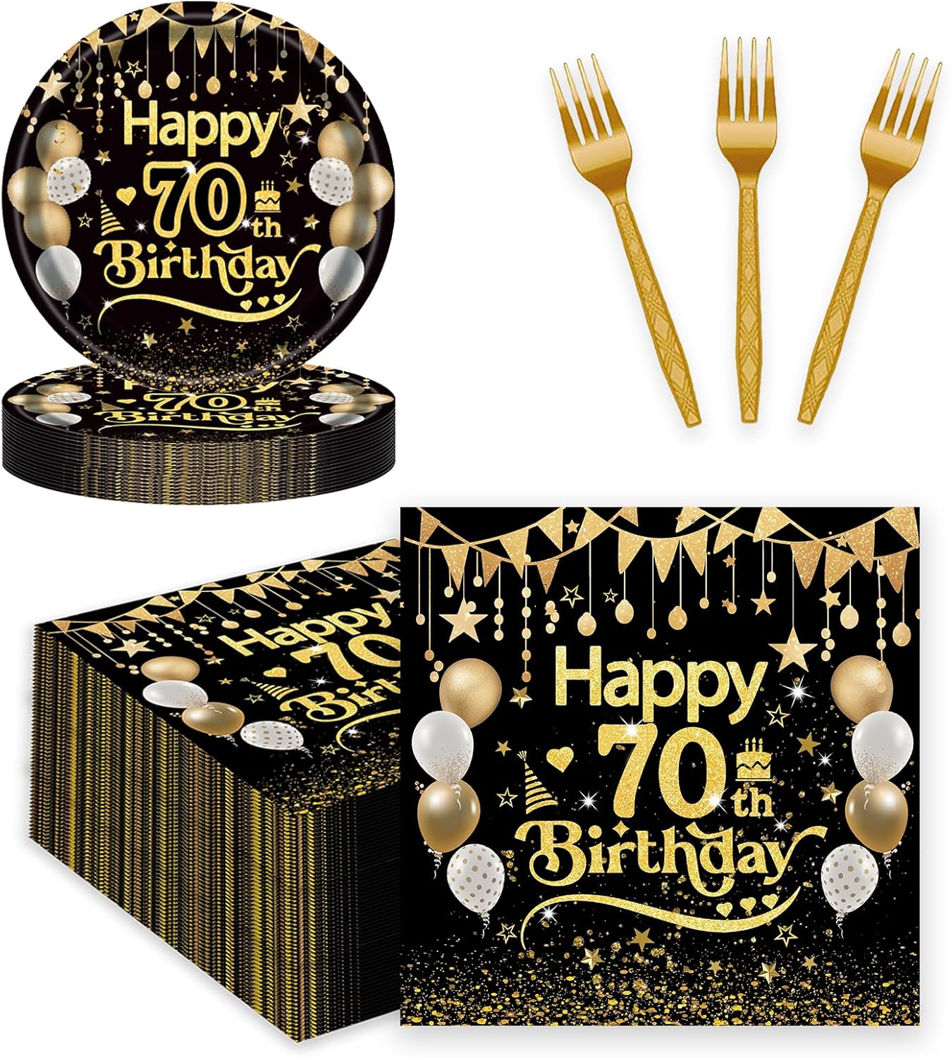 75pcs Black Gold Birthday Party Tableware Set for 25 Guests