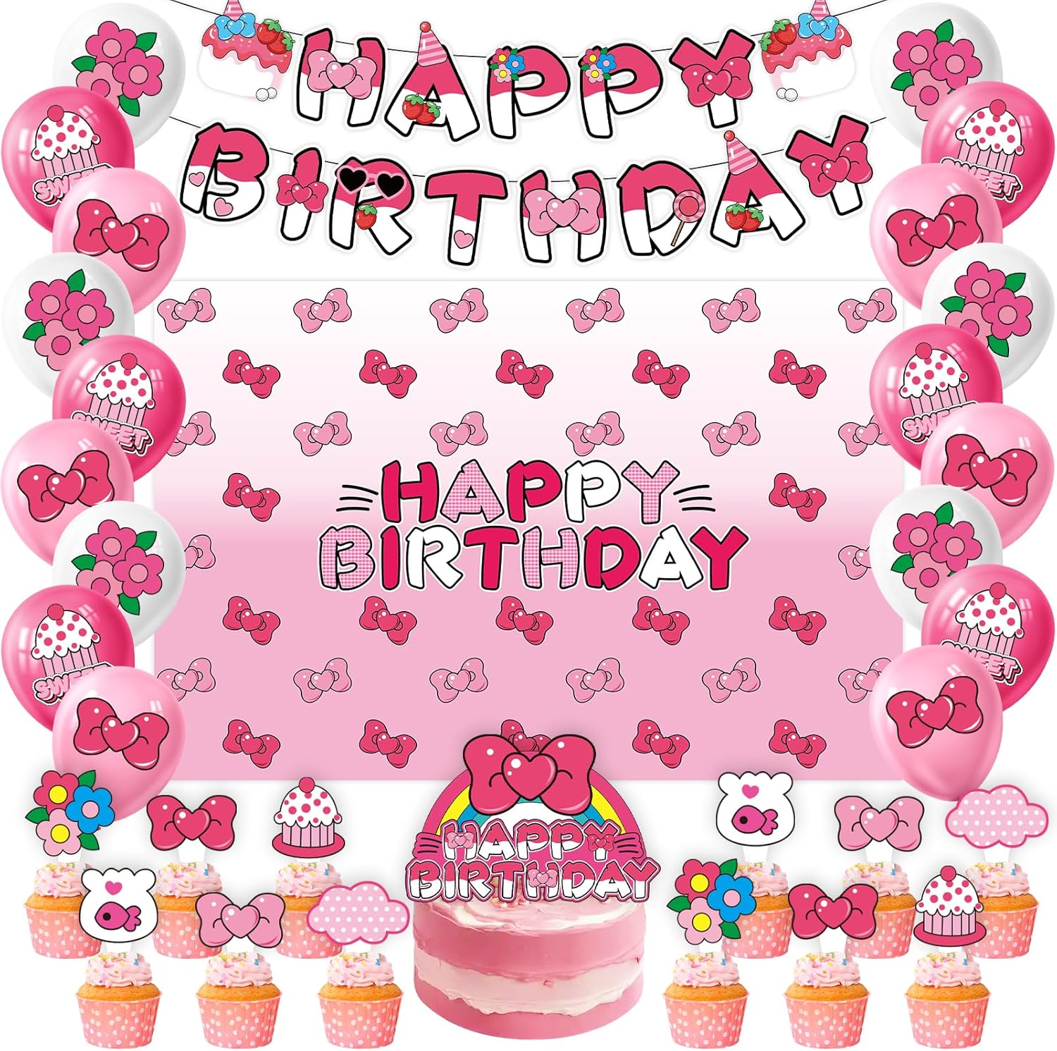 Pink Bow Cartoon Cat Birthday Party Decor Kit