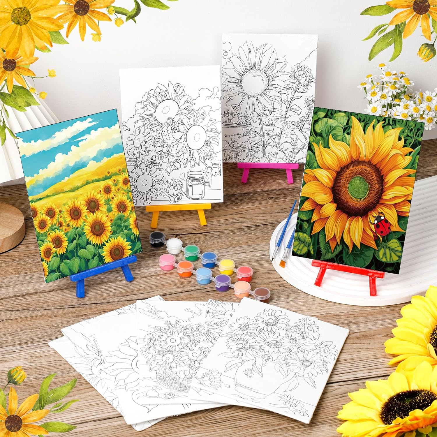Blosssound 10 Set Pre Printed Canvas Painting with Easel Kit Sunflower