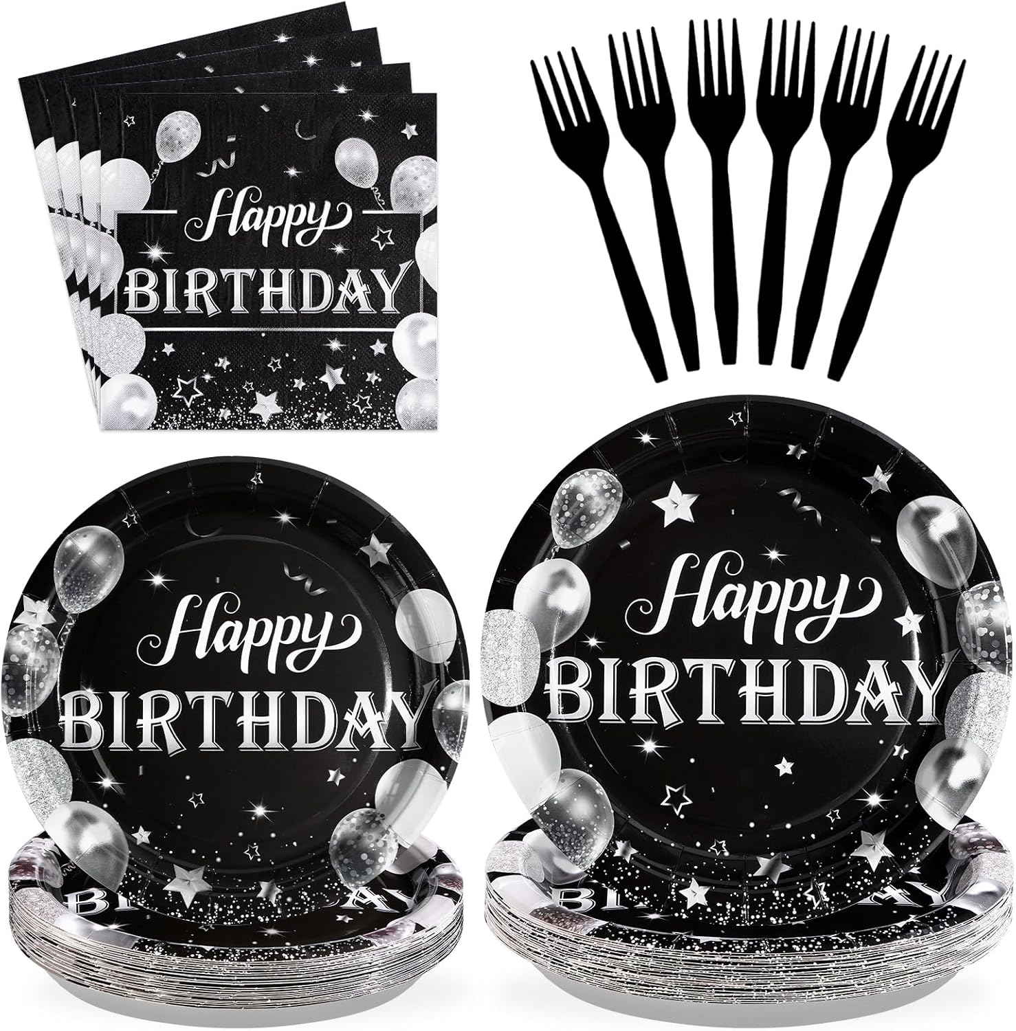 96Pcs Black and Silver Birthday Party Supplies Set
