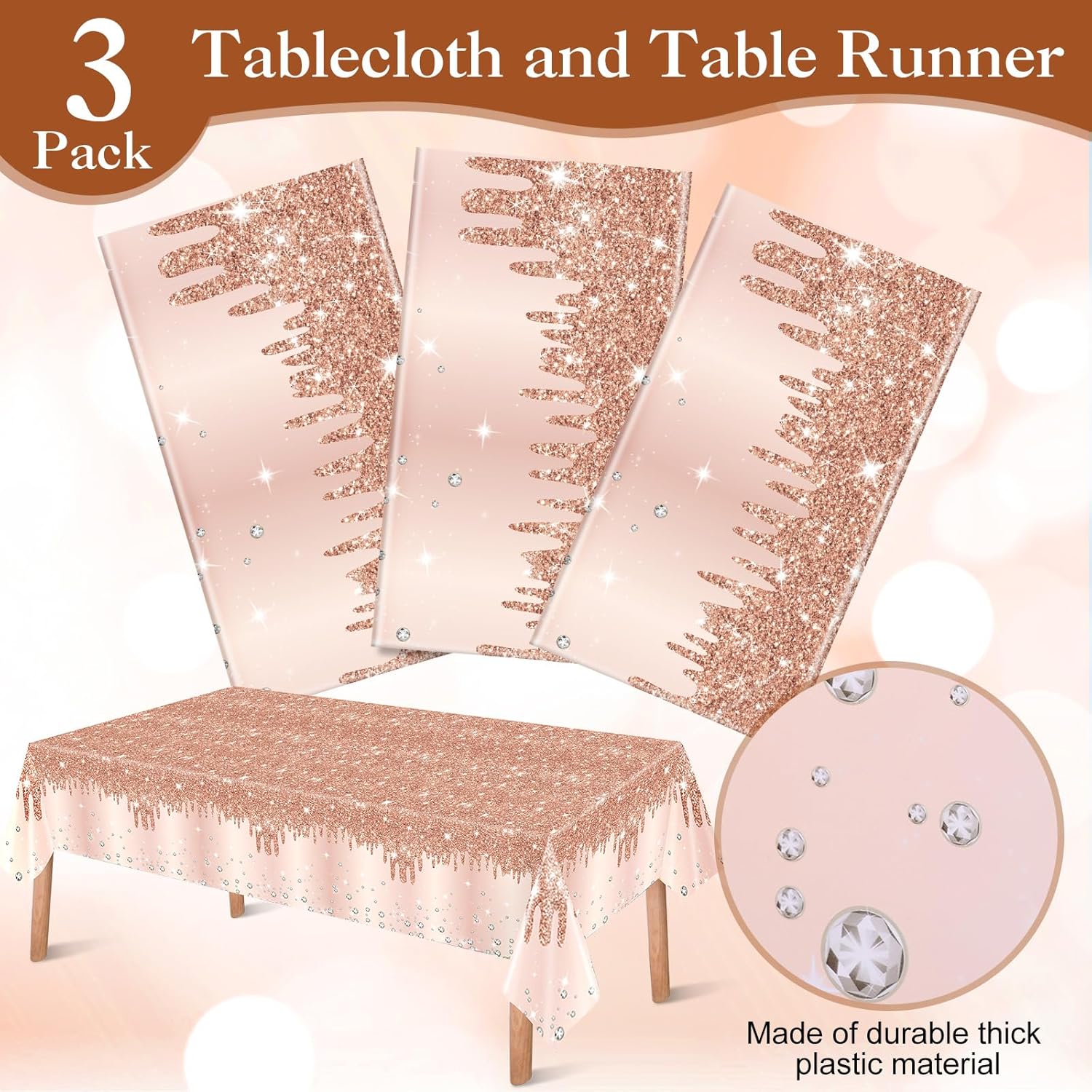 Ganeen 3 Pcs Rose Gold Tablecloths with Glitter Decor