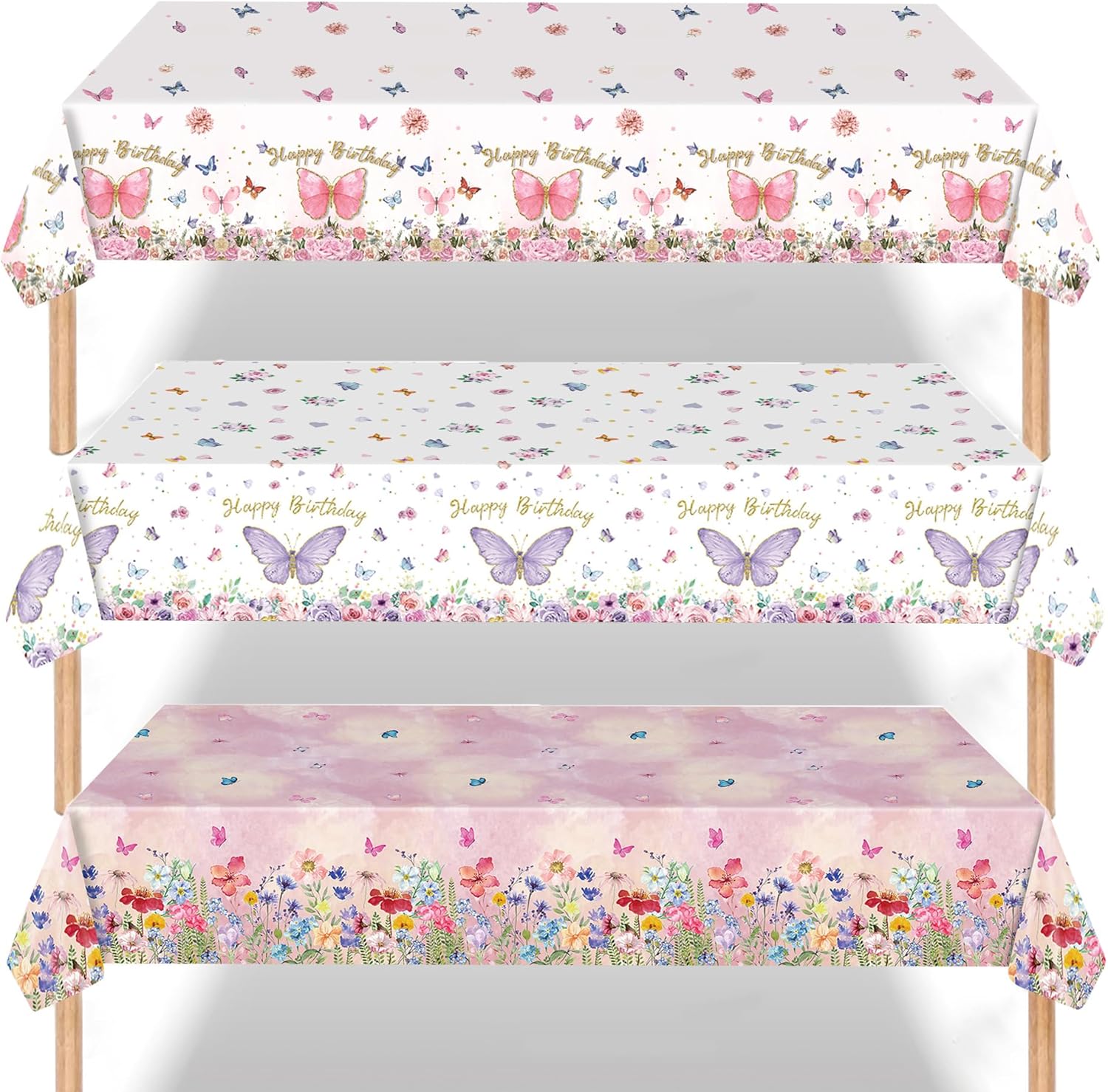 3PCS Pink Butterfly Party Tablecloth Table Cover 54x108 Inch