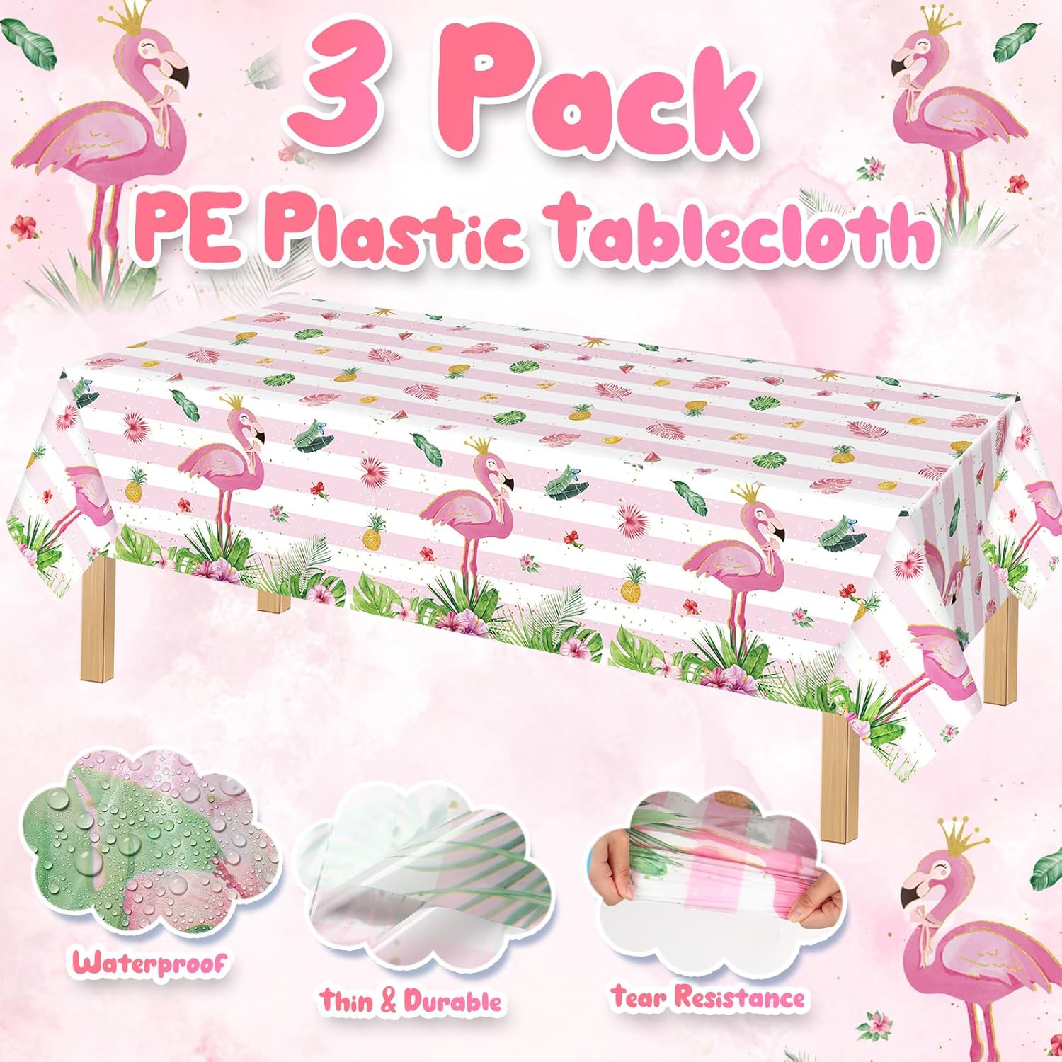 3 Pack Flamingo Tablecloths for Summer Party Decorations