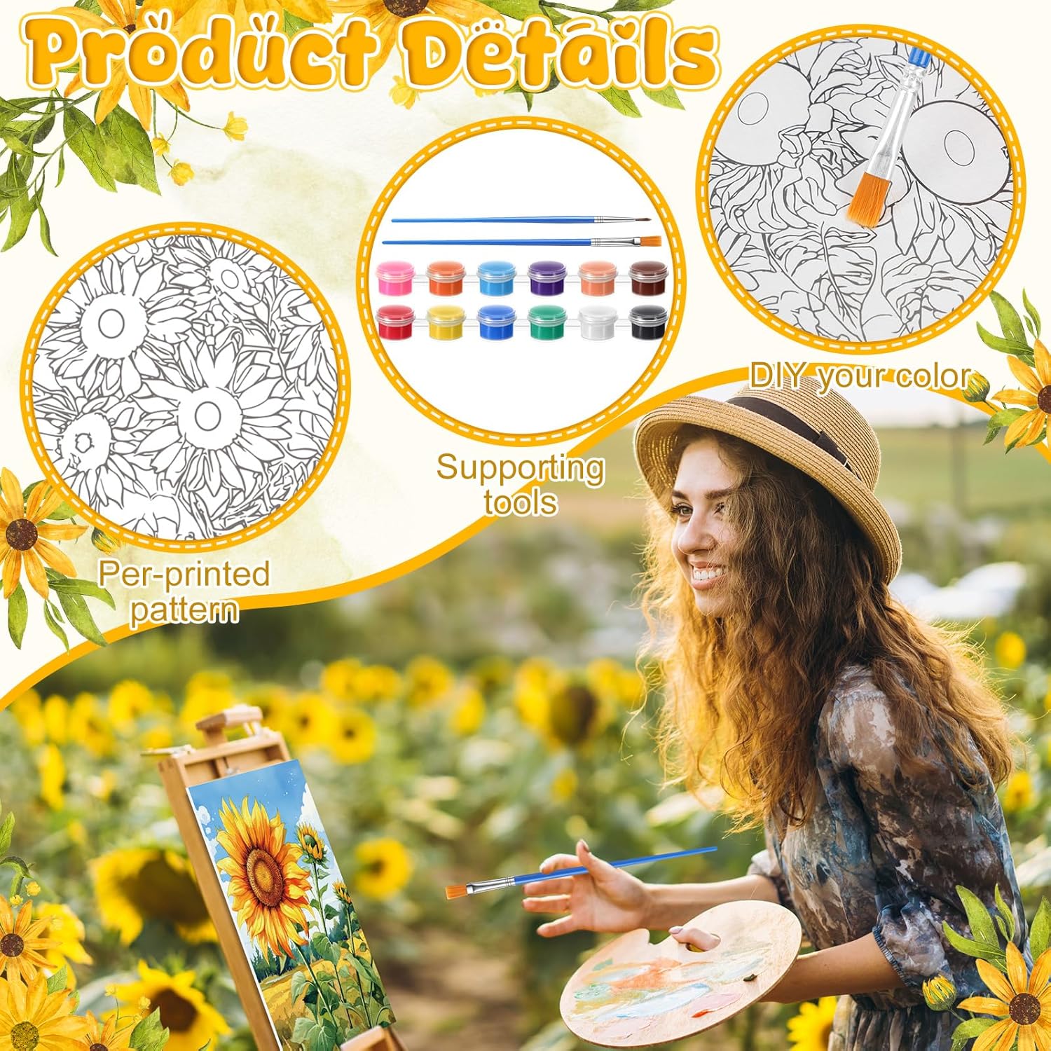 Blosssound 10 Set Pre Printed Canvas Painting with Easel Kit Sunflower