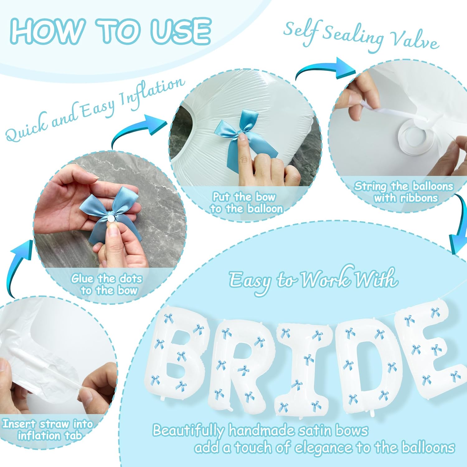 40 Inch White Bride Balloons with 30 Light Blue Bows