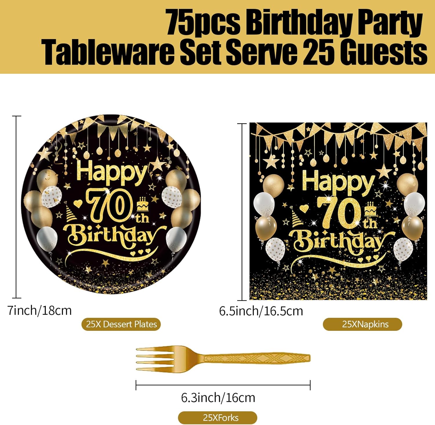 75pcs Black Gold Birthday Party Tableware Set for 25 Guests
