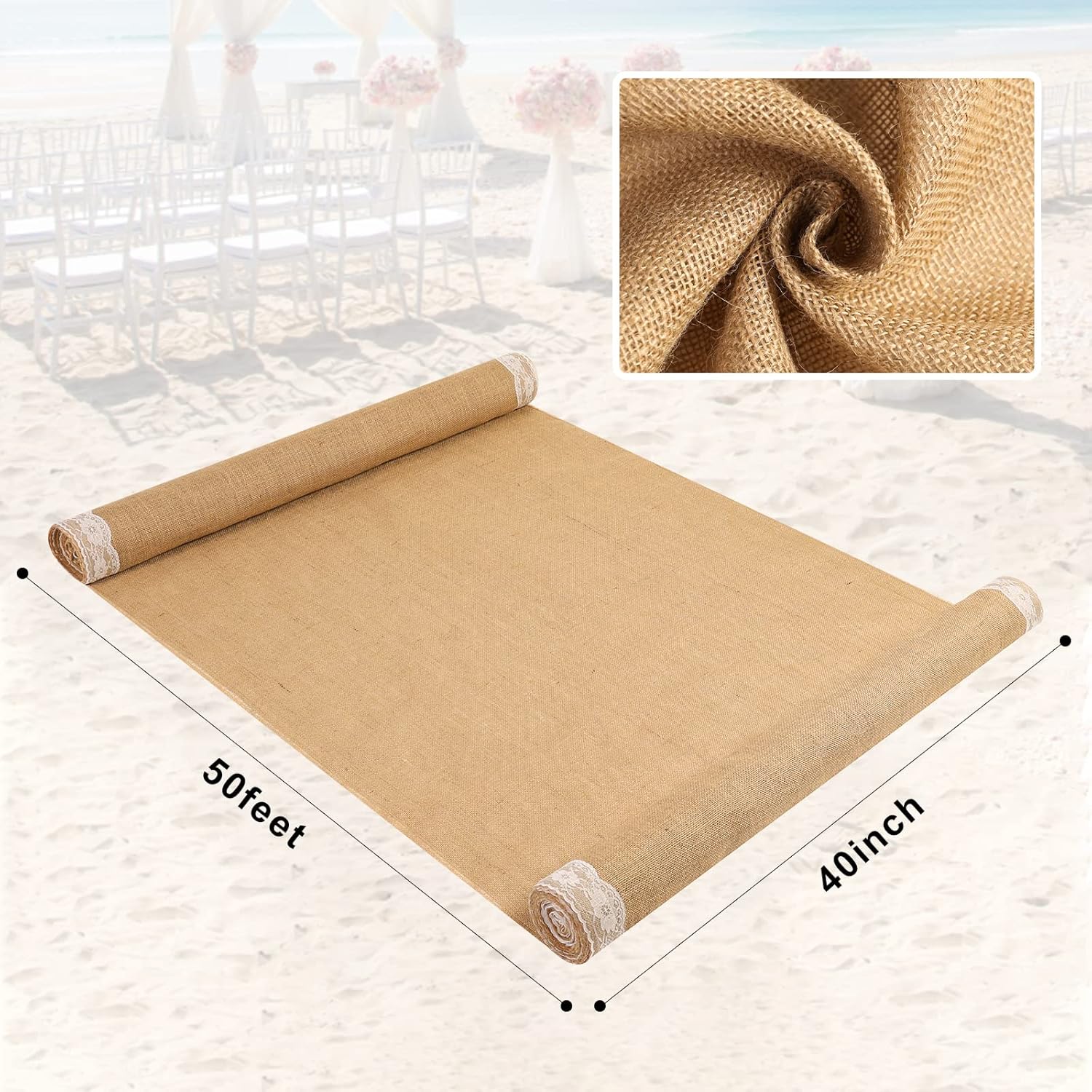 AK TRADING CO 40 Wide Burlap Aisle Runner with Ivory Lace 1