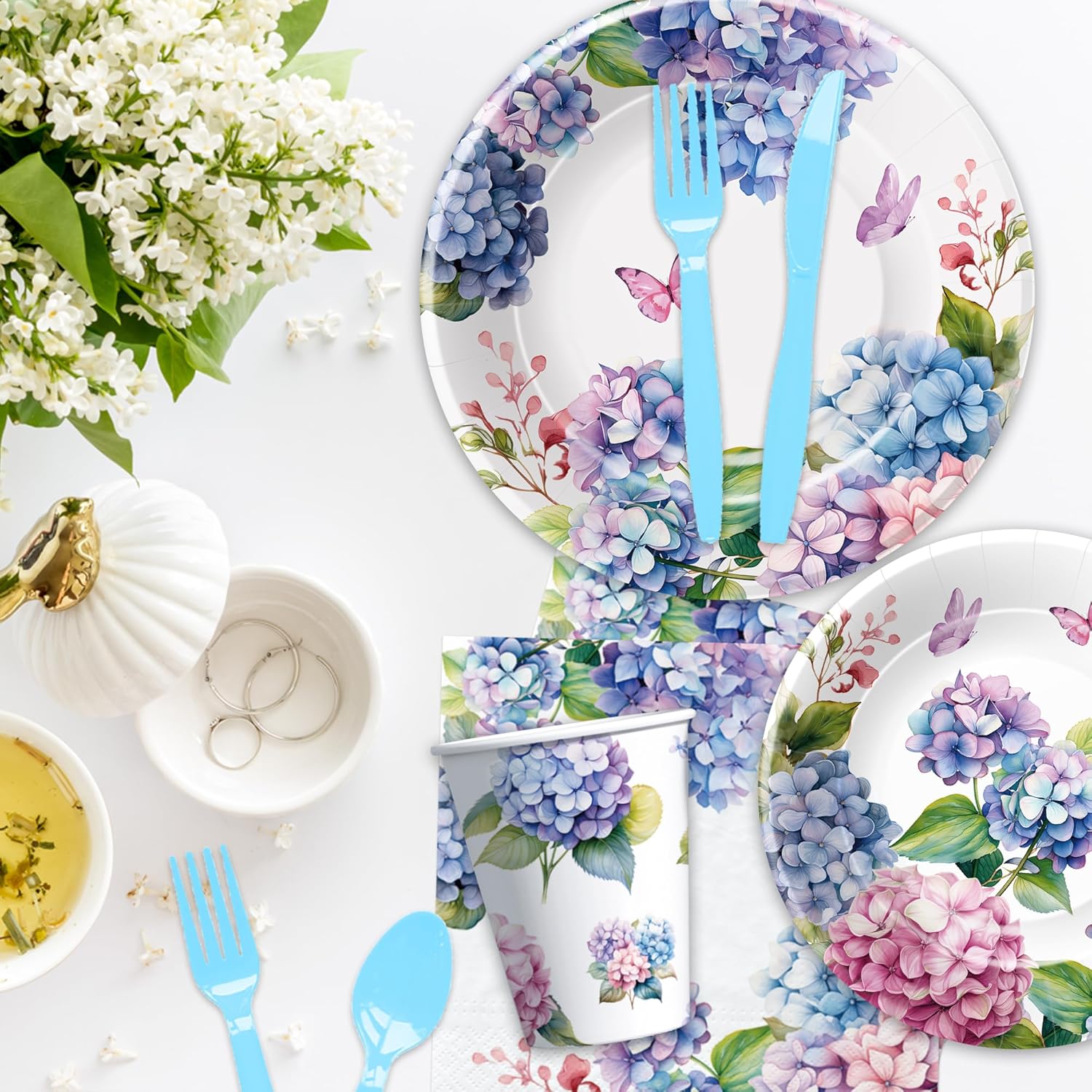 Hydrangea Floral Party Set for 24 Guests