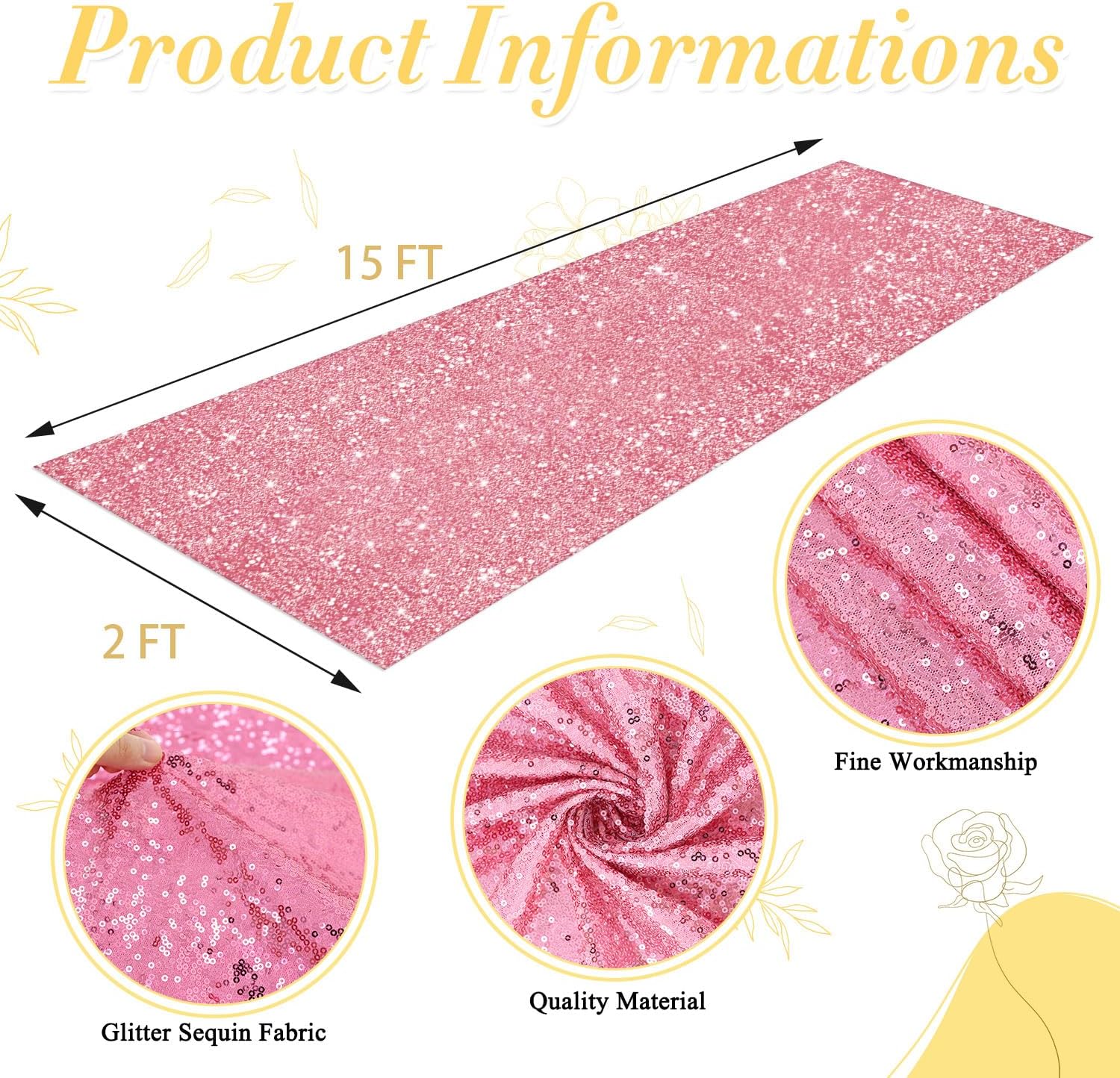 Pink Gold Sequin Aisle Runner 2ft x 15ft for Wedding