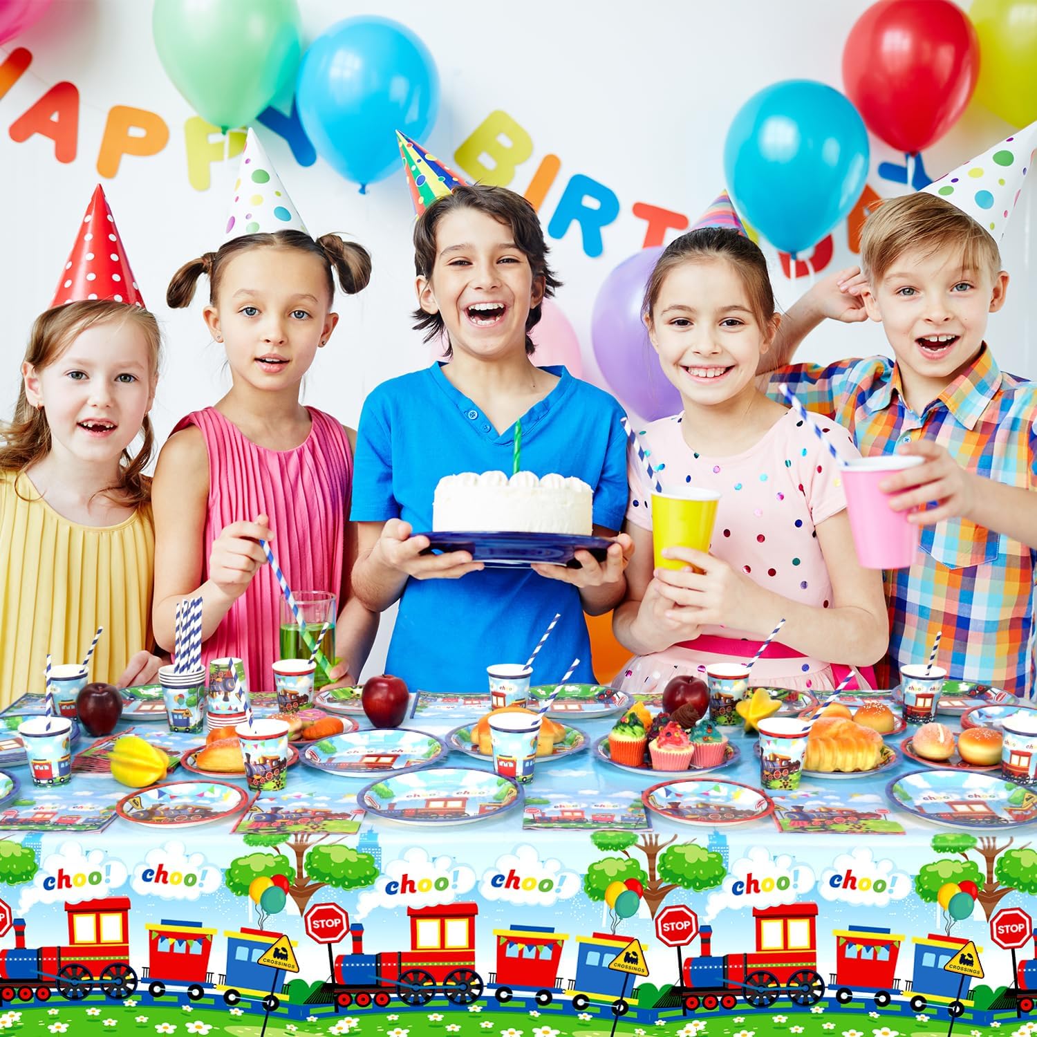 4 Pack Train Birthday Tablecloth Decorations for Boy Party