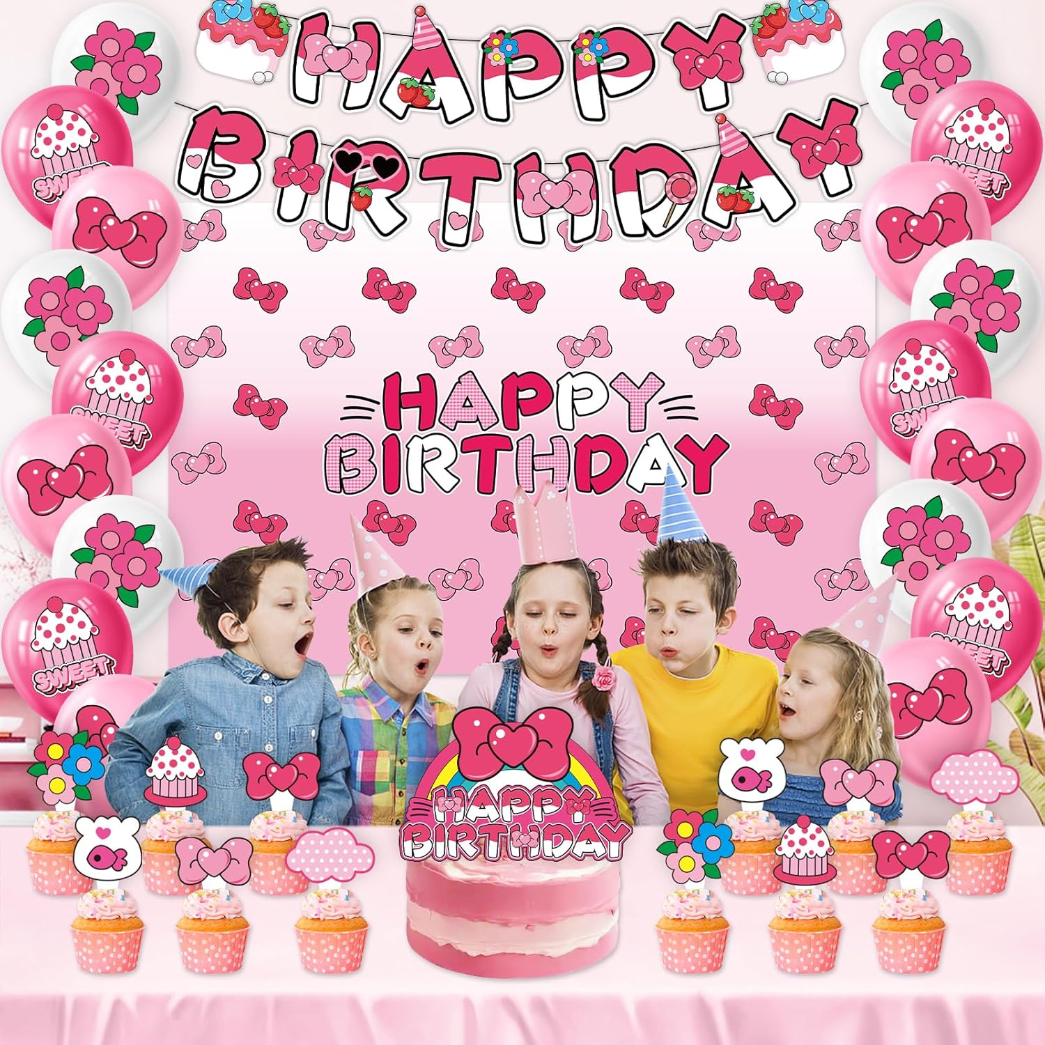 Pink Bow Cartoon Cat Birthday Party Decor Kit