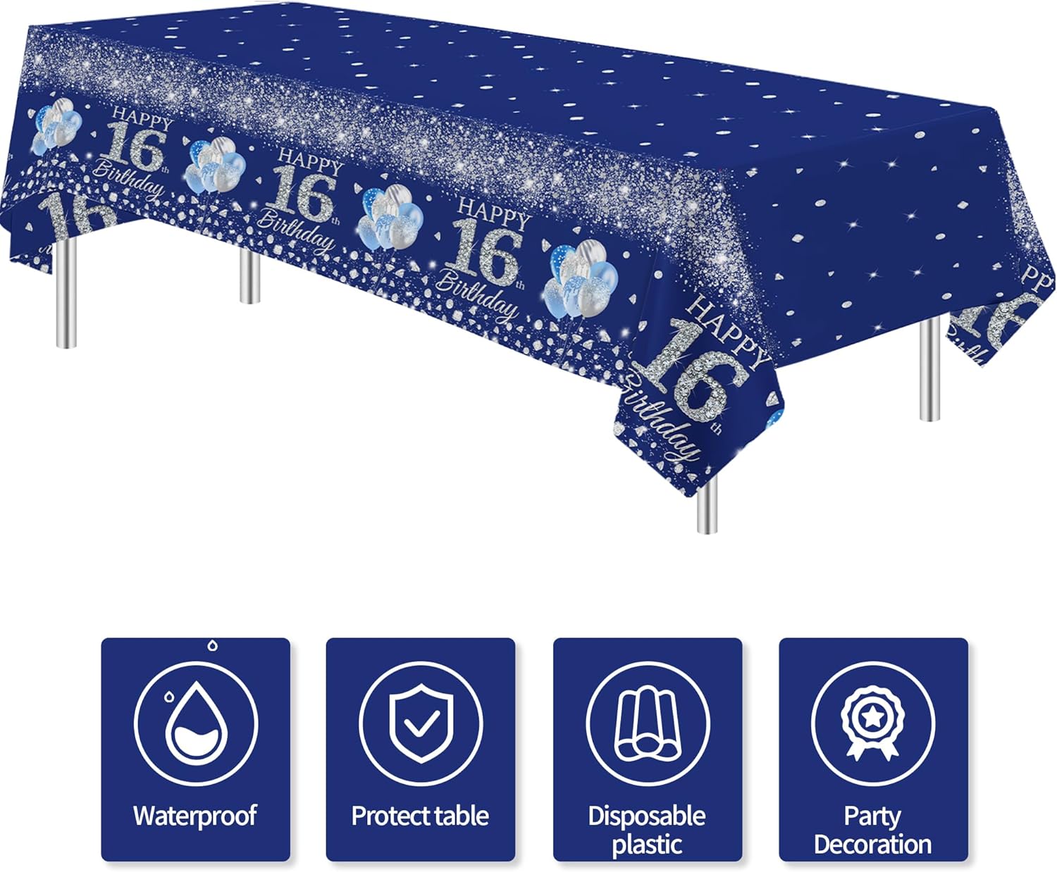 16th Birthday Tablecloth Set 3pcs Silver Blue