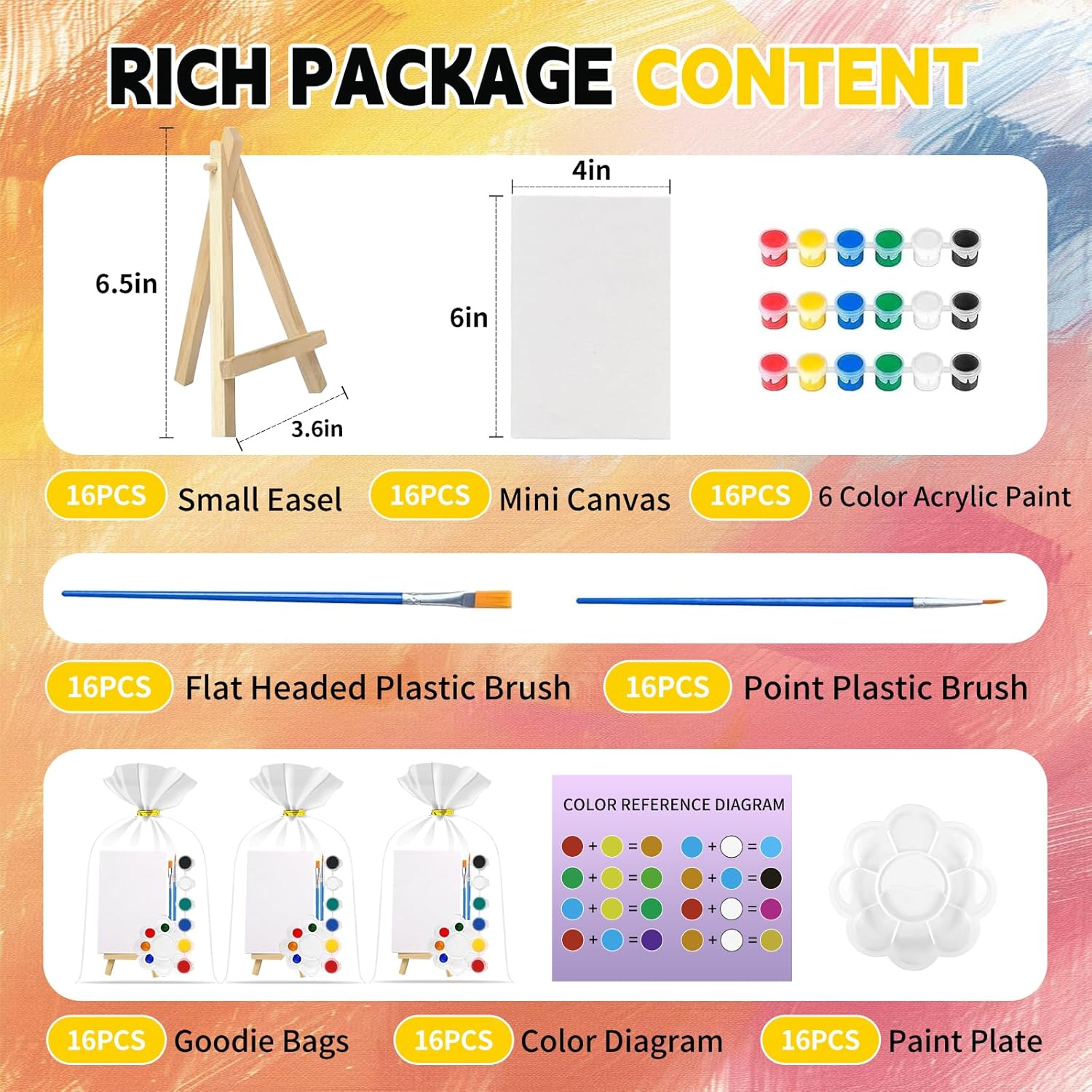 16 Pack 4x6 Inch Acrylic Paint Set with Mini Canvas and Easel