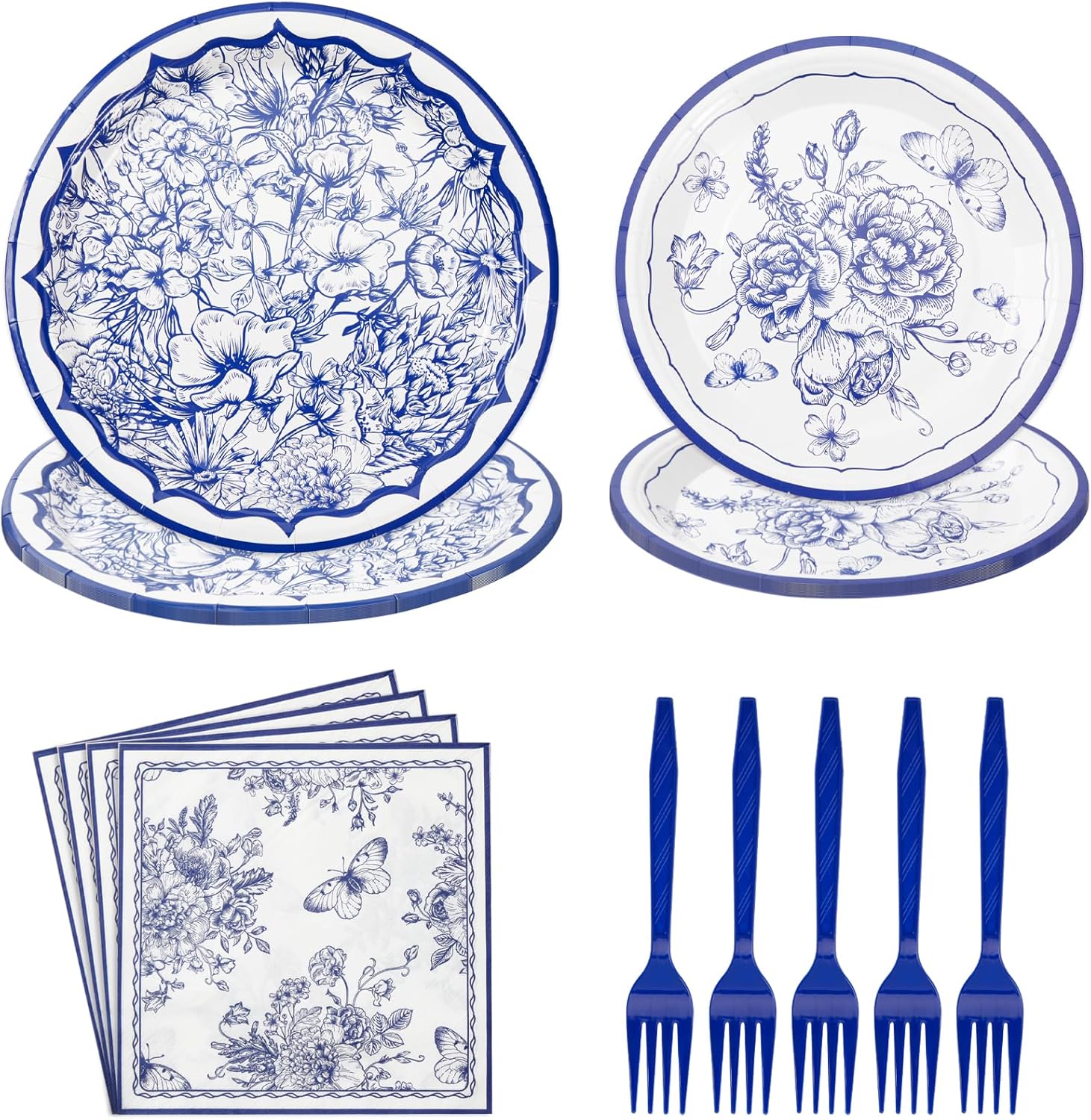 Grencian 96Pcs Blue White Floral Party Tableware Set