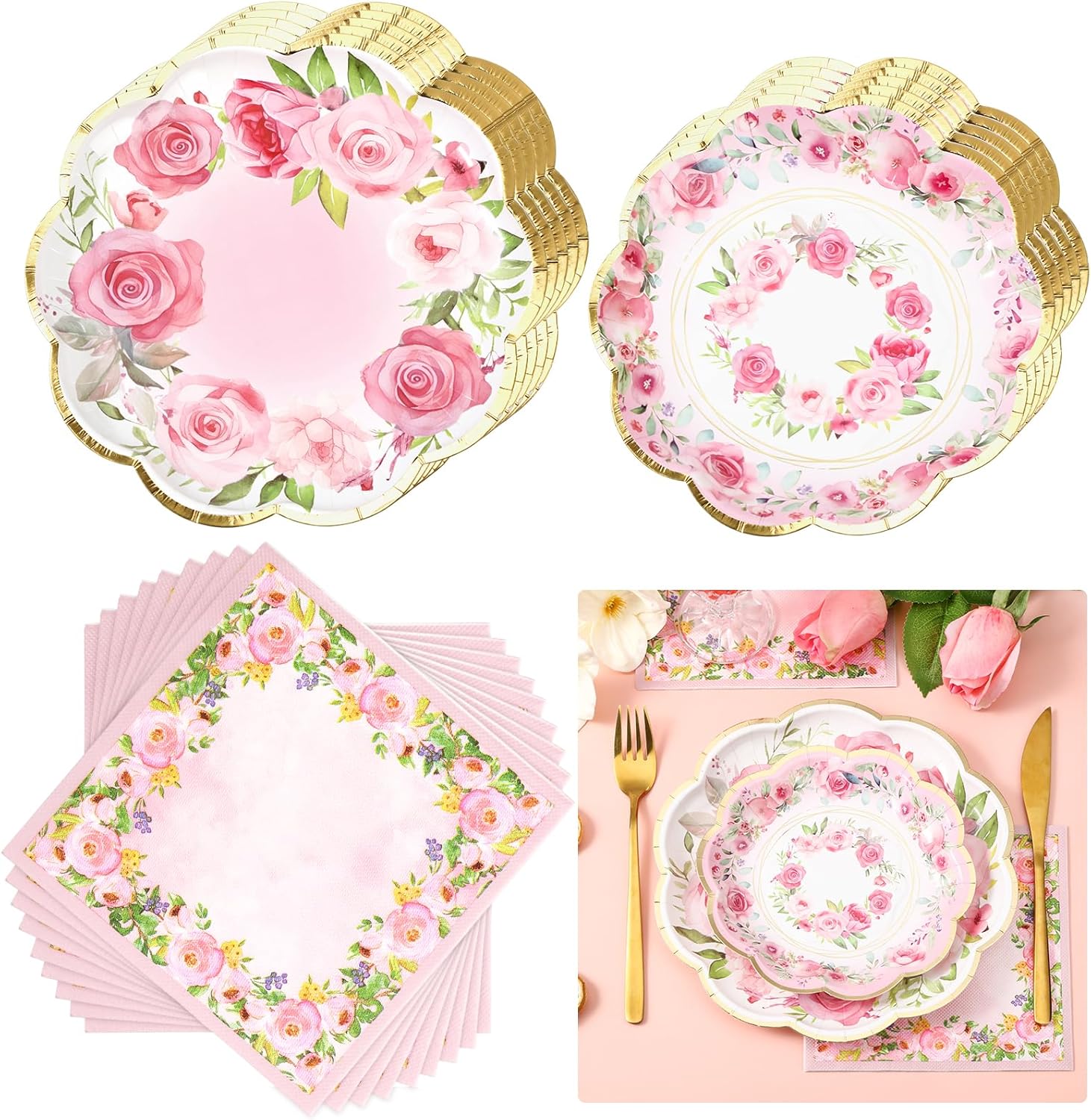 Tanlade 96 Pcs Pink Floral Plates Napkins Set for 24 Guests