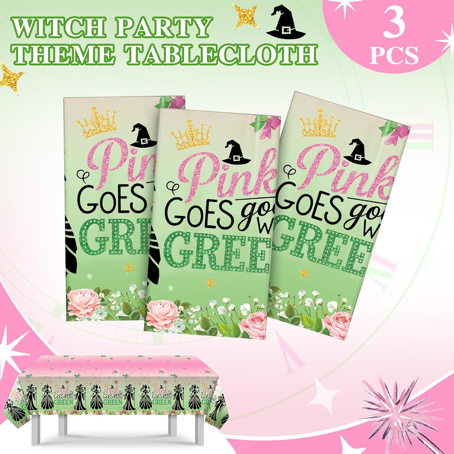 Booson 3Pcs Witch Party Tablecloth Pink Green Decorations