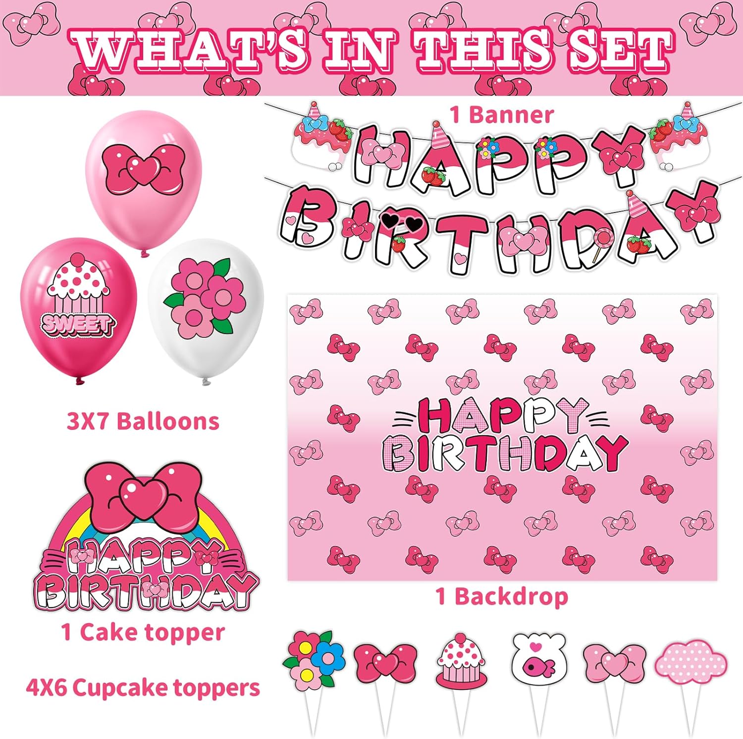 Pink Bow Cartoon Cat Birthday Party Decor Kit