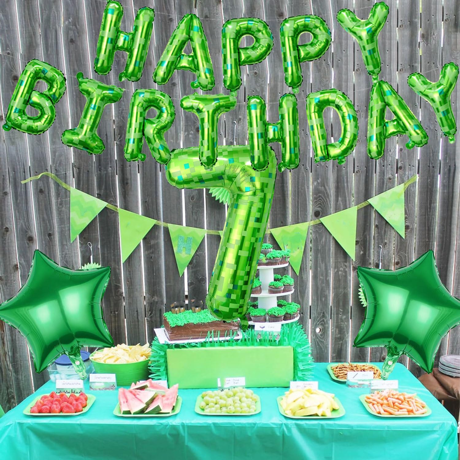 Green Pixel Birthday Decorations Set for 7th Birthday