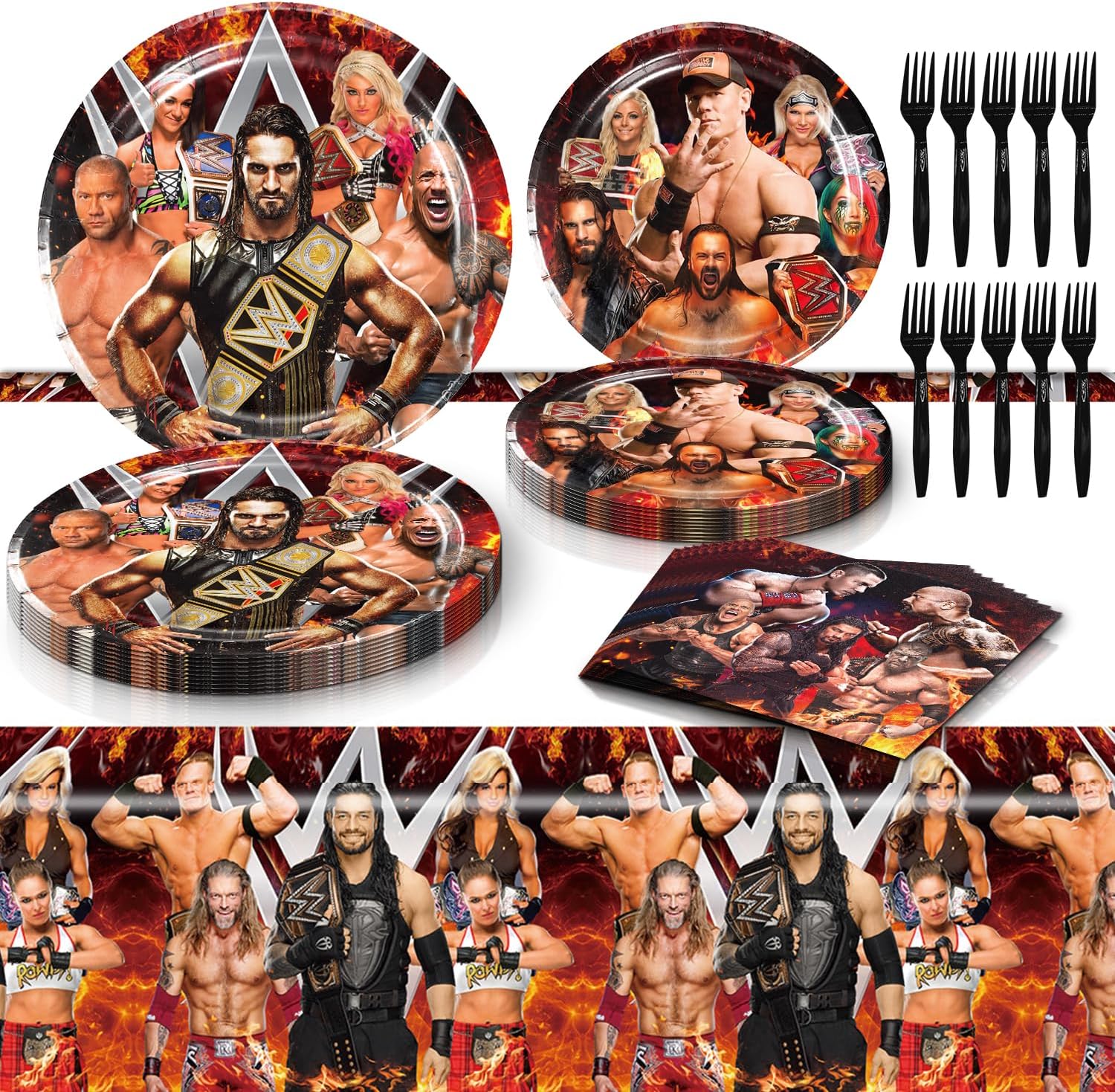 Wrestling Themed Party Tableware Set with Tablecloth Plates Forks and Napkins