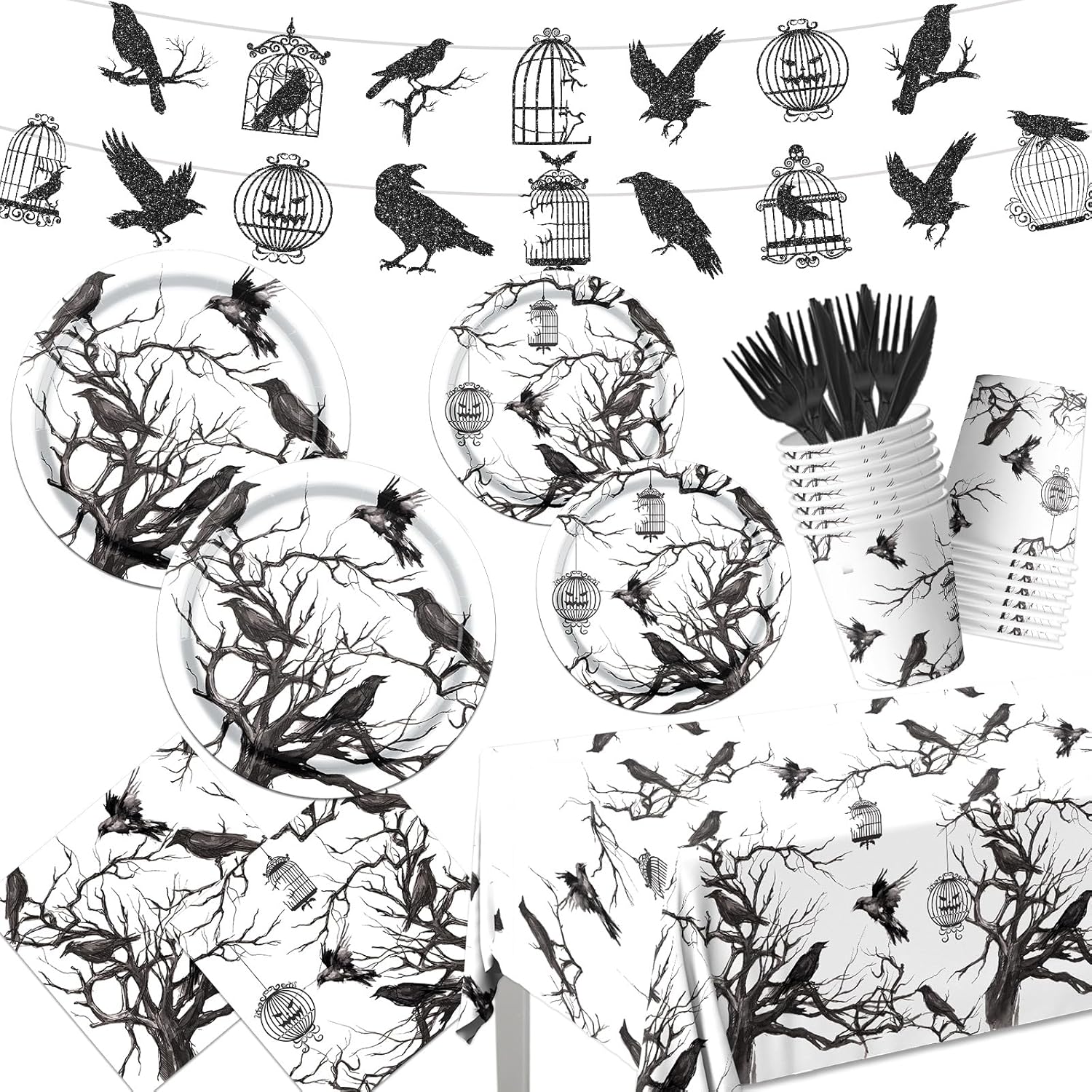 Gothic Halloween Crows Tableware Set 142pcs