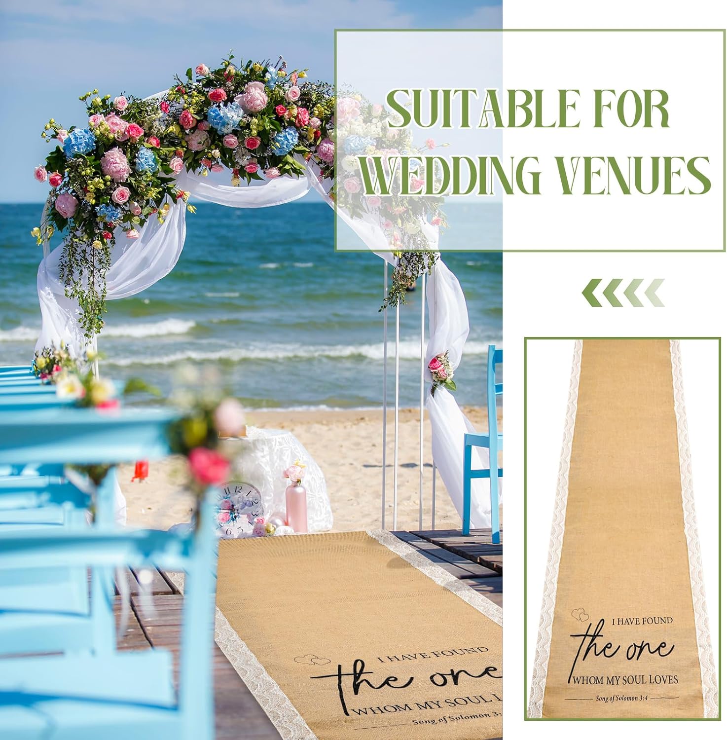 Tondiamo 40 Inch x 30 ft Burlap Wedding Aisle Runner with Lace