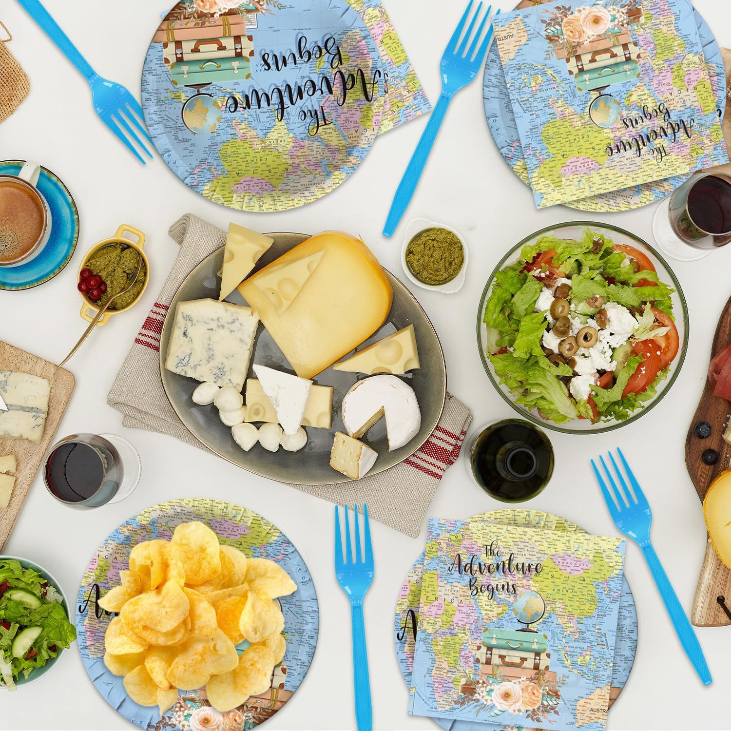 48Pcs Travel Themed Adventure Party Decorations Plates Napkins Forks