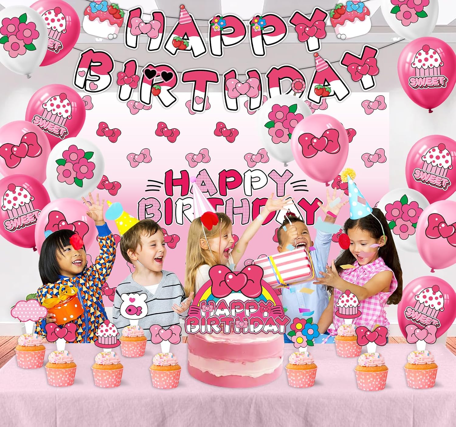 Pink Bow Cartoon Cat Birthday Party Decor Kit