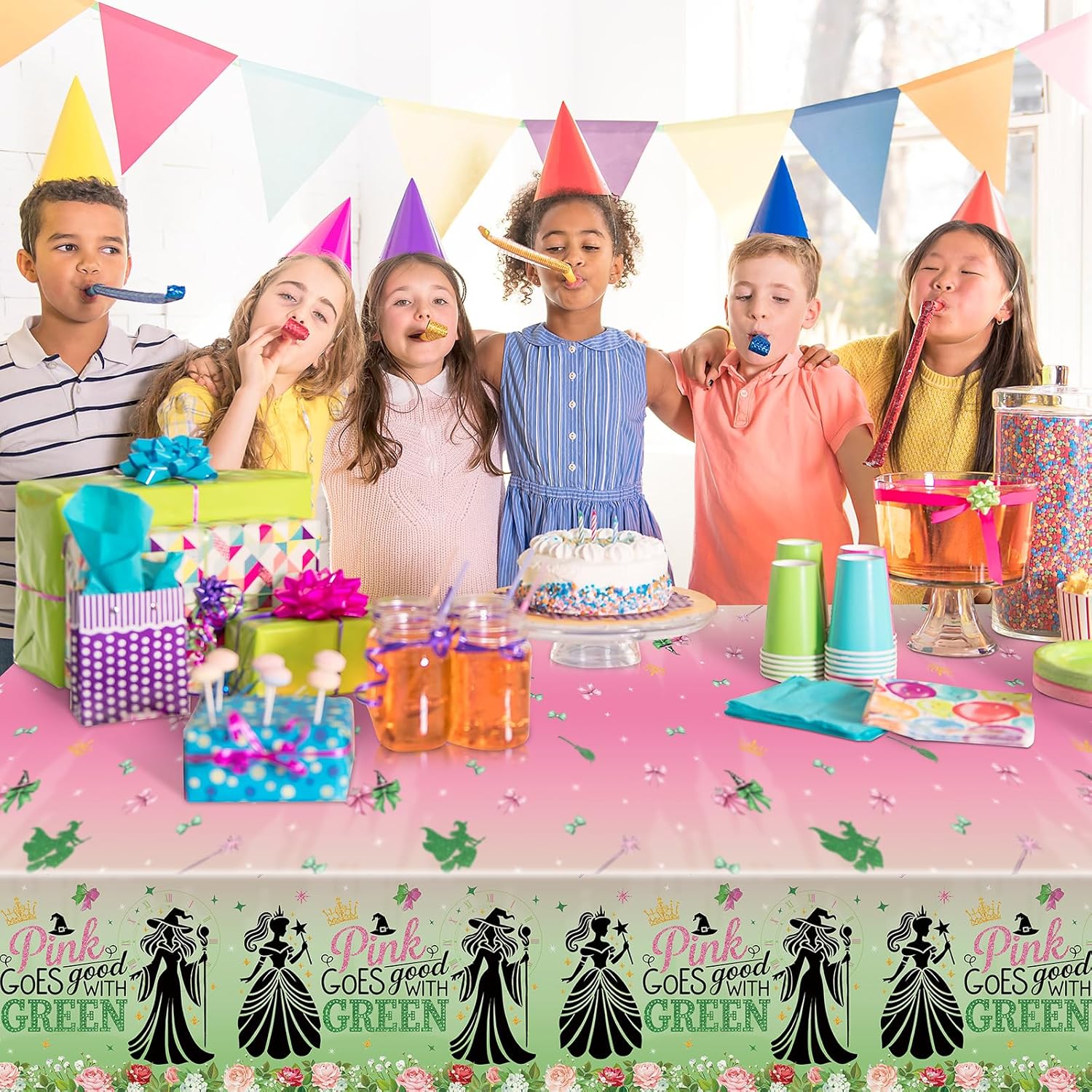Booson 3Pcs Witch Party Tablecloth Pink Green Decorations