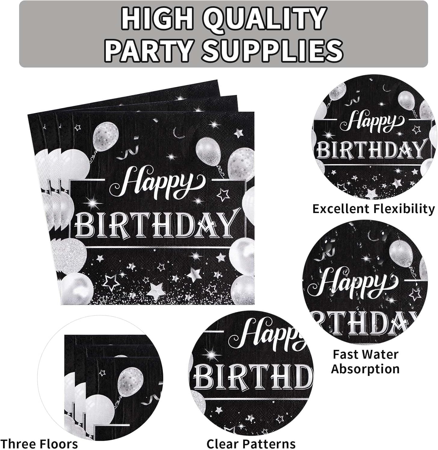 96Pcs Black and Silver Birthday Party Supplies Set