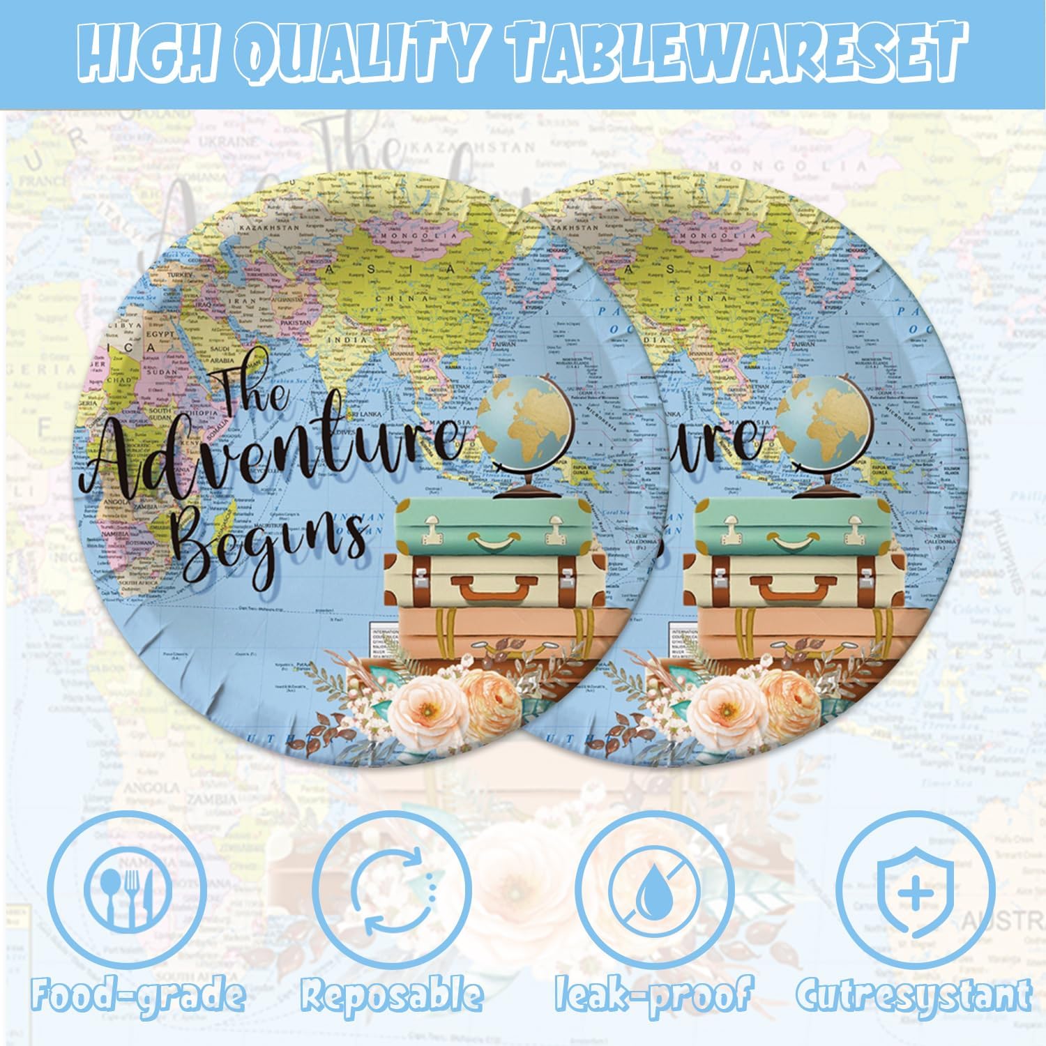 48Pcs Travel Themed Adventure Party Decorations Plates Napkins Forks