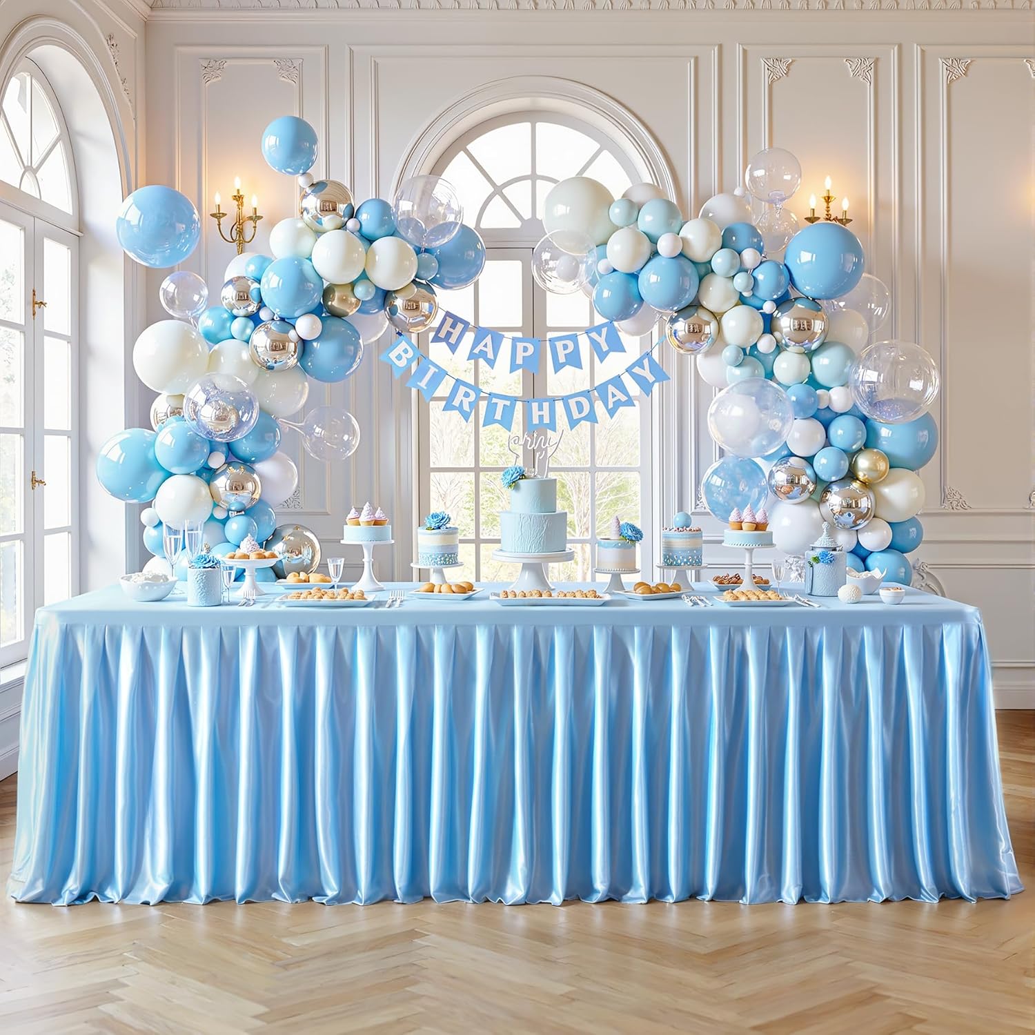 Glitter Blue Tablecloth 8ft Rectangle Table with Ruffles Skirt