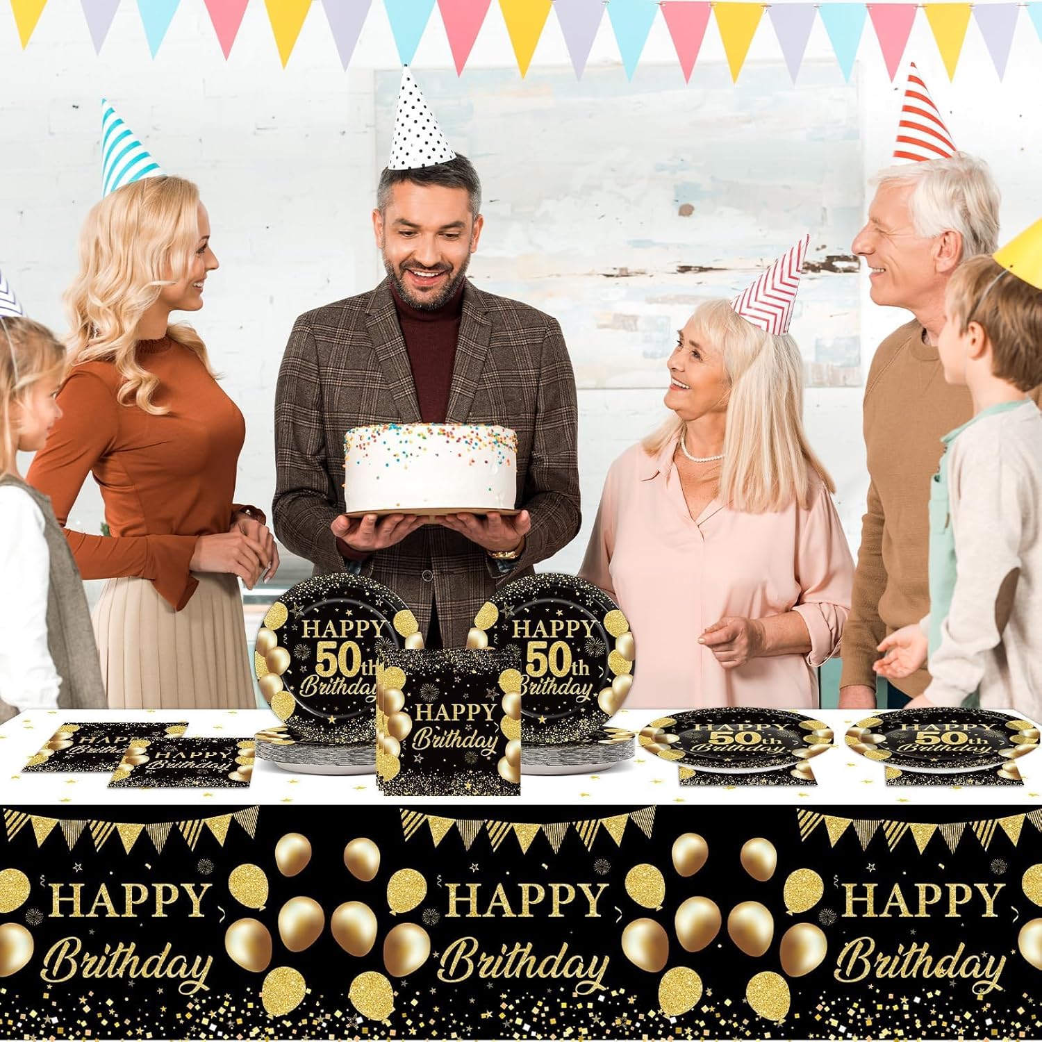 50th Birthday Party Supplies Black Gold Set