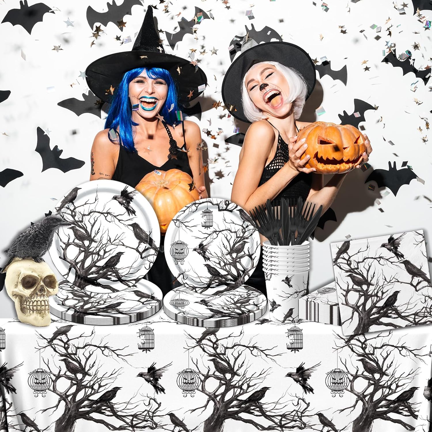 Gothic Halloween Crows Tableware Set 142pcs