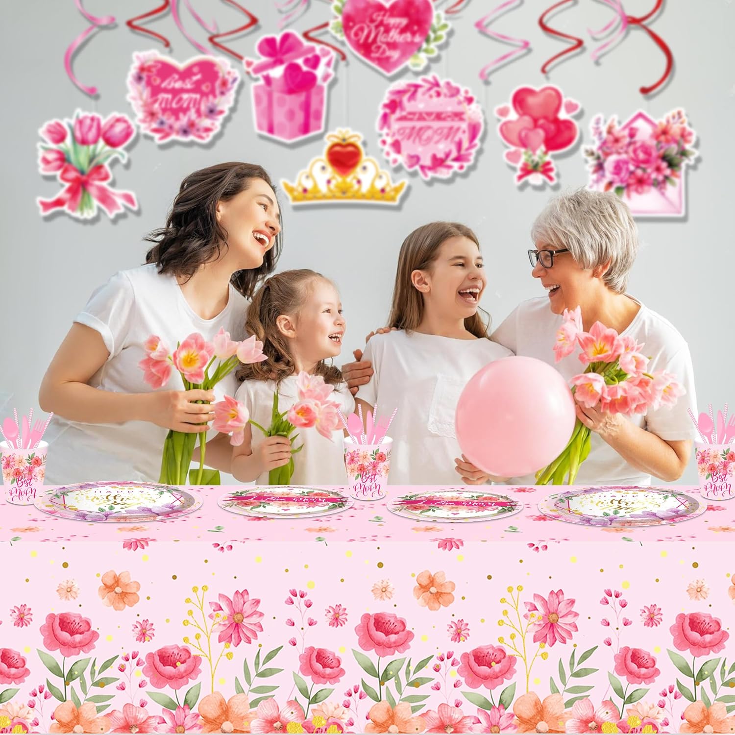 3 Pcs Watercolor Pink Flower Tablecloth 54x87In