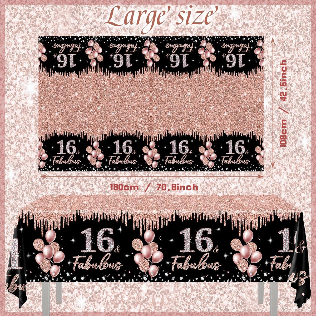 16th Birthday Decorations Rose Gold Black Glitter Tablecloths Set 3Pcs