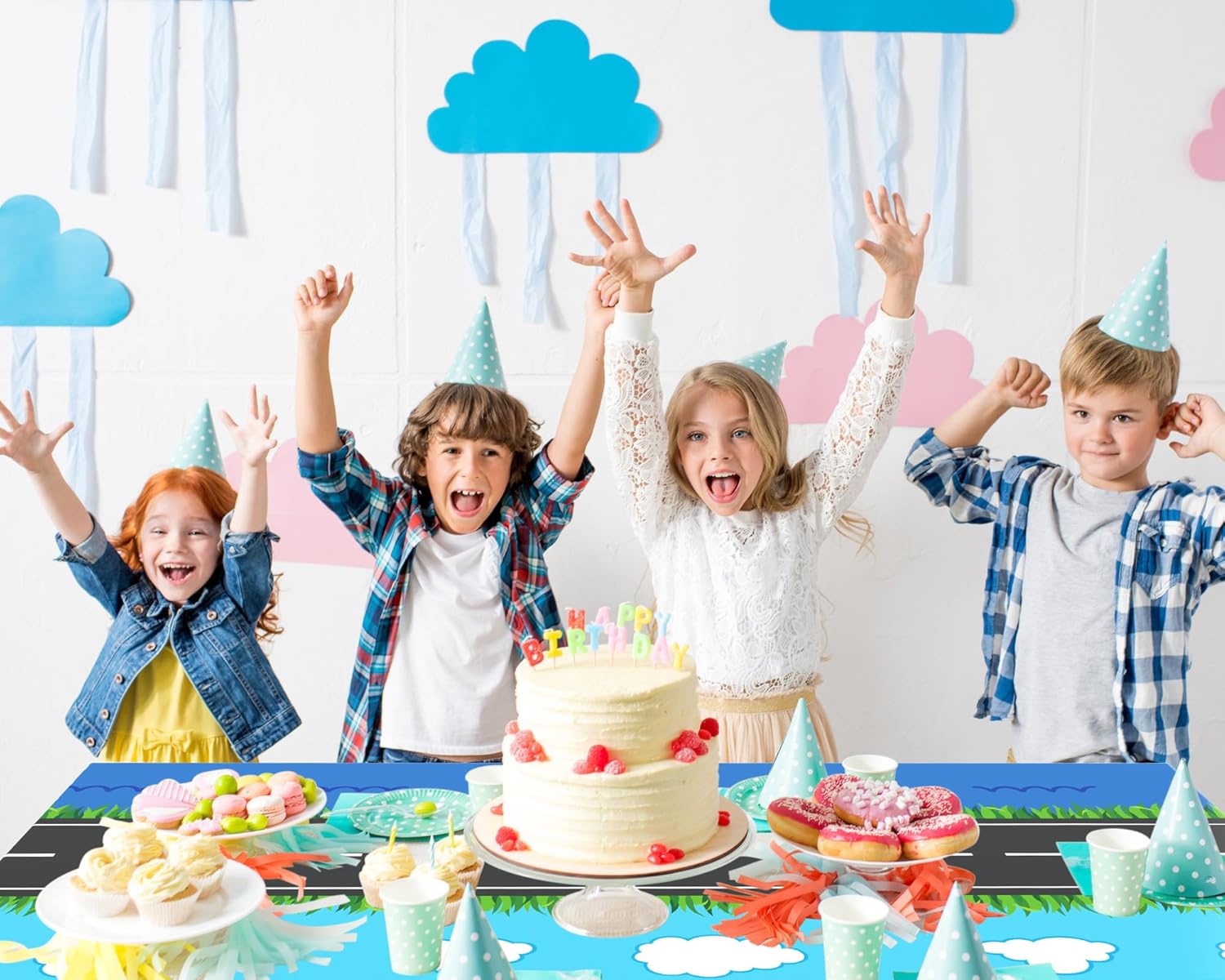 6 Pcs 108x54 Inches Traffic Themed Tablecloths for Birthday Parties