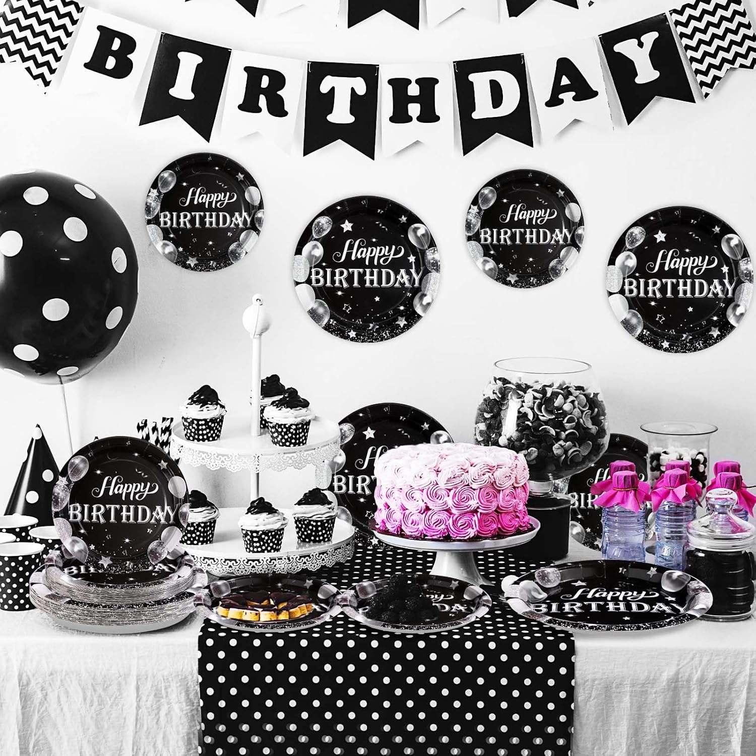 96Pcs Black and Silver Birthday Party Supplies Set