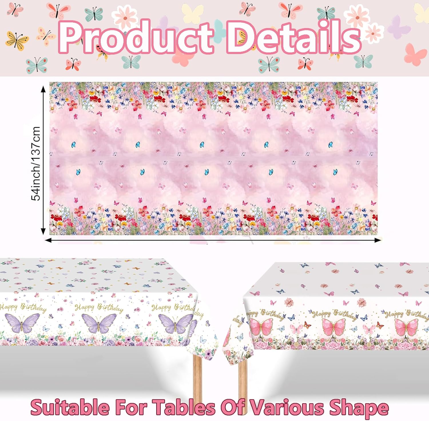 3PCS Pink Butterfly Party Tablecloth Table Cover 54x108 Inch