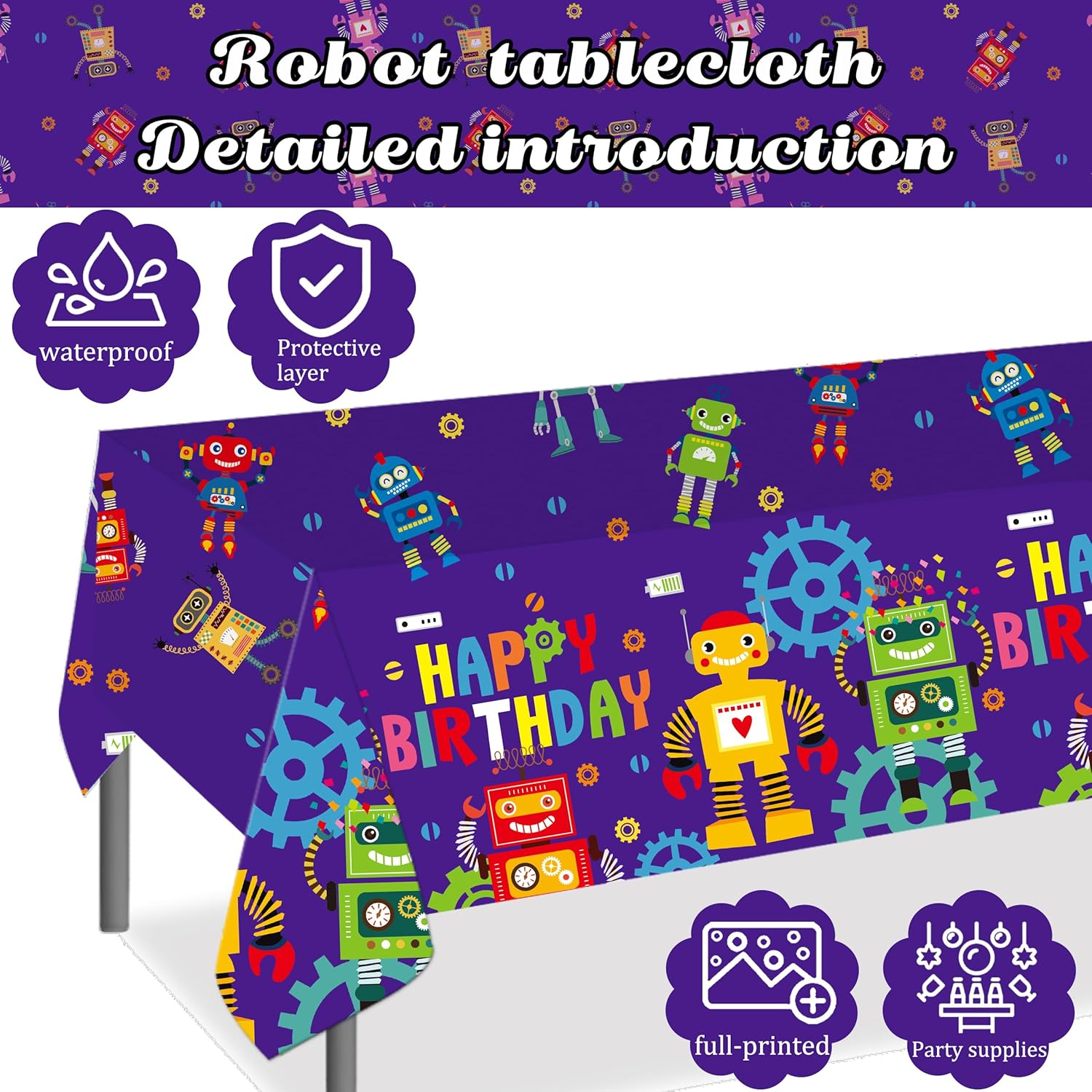 3Pcs Robot Birthday Tablecloths with Happy Birthday Design