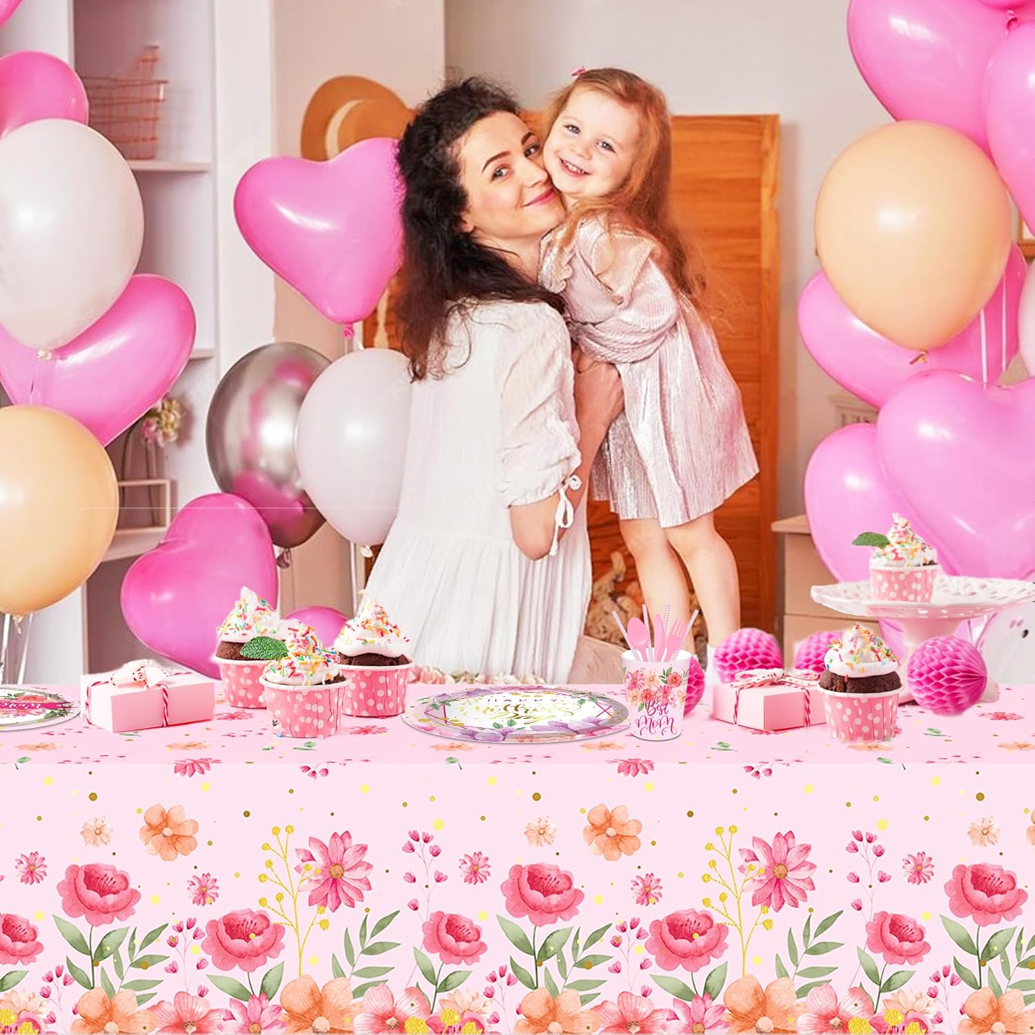3 Pcs Watercolor Pink Flower Tablecloth 54x87In