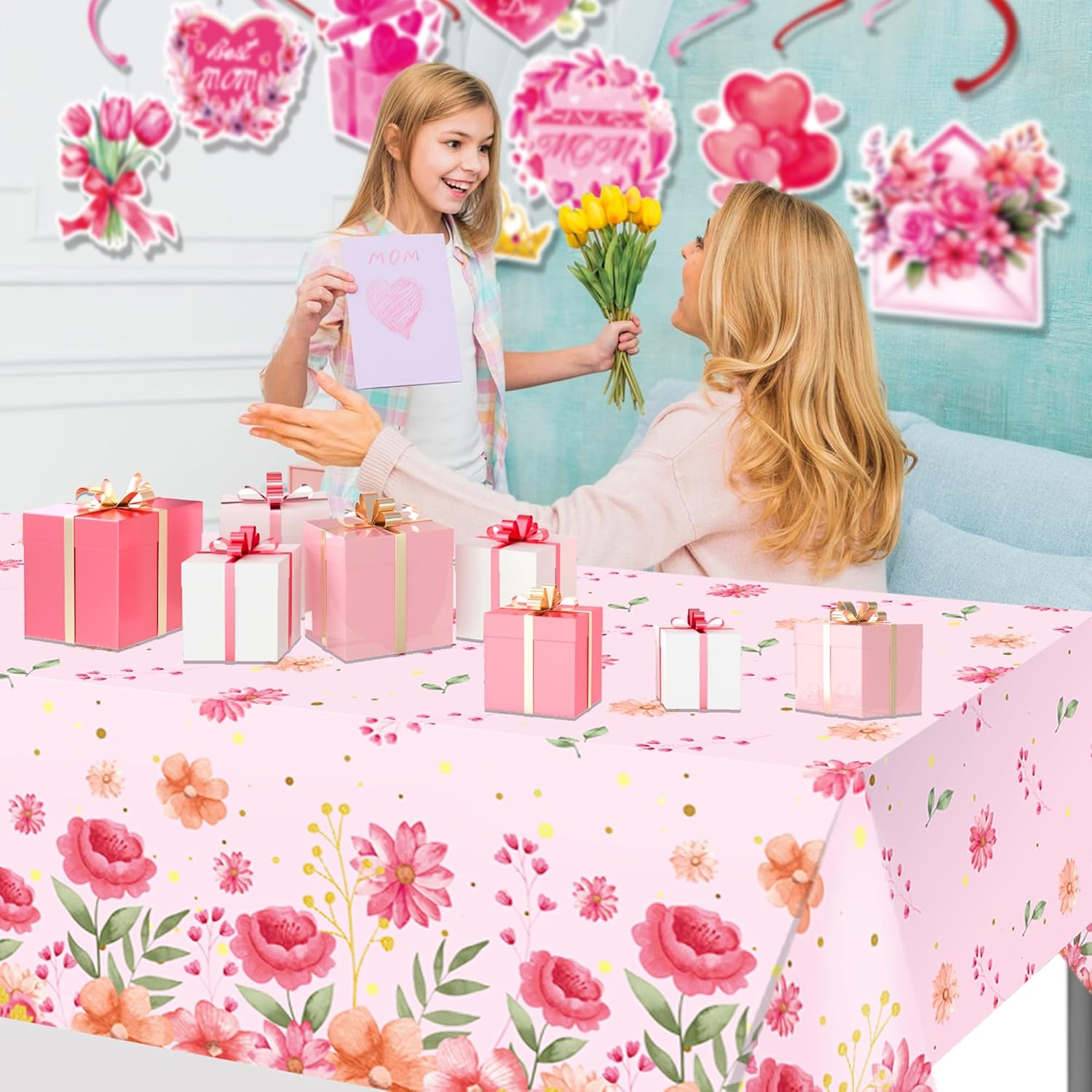 3 Pcs Watercolor Pink Flower Tablecloth 54x87In