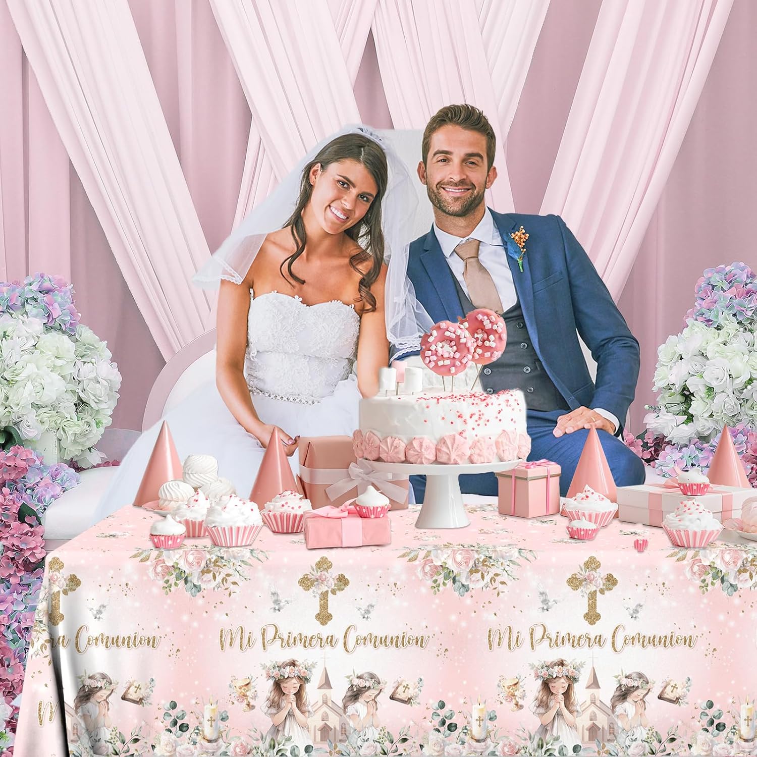 3Pcs First Communion Table Cloth with Golden Cross and Flowers