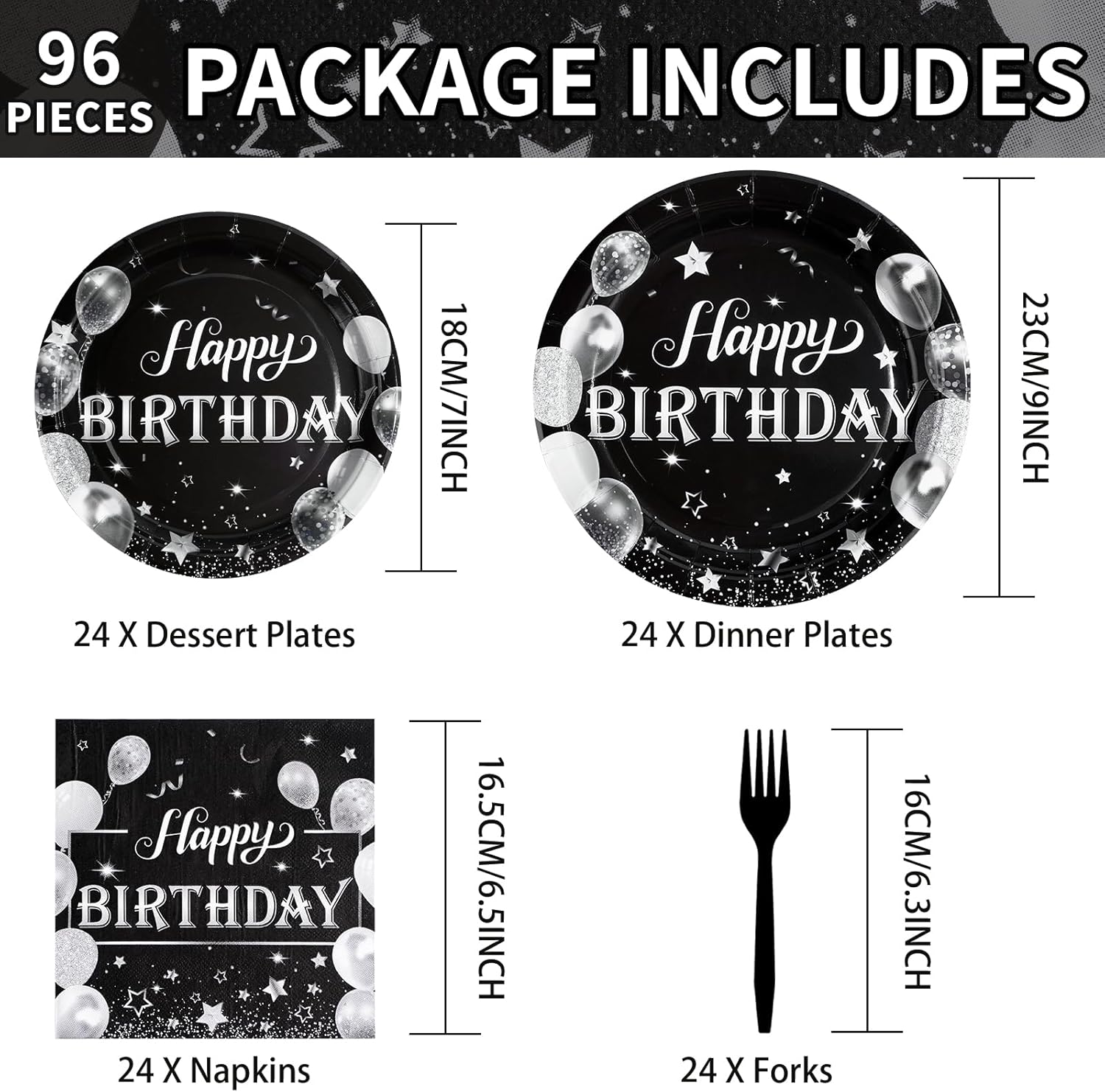 96Pcs Black and Silver Birthday Party Supplies Set