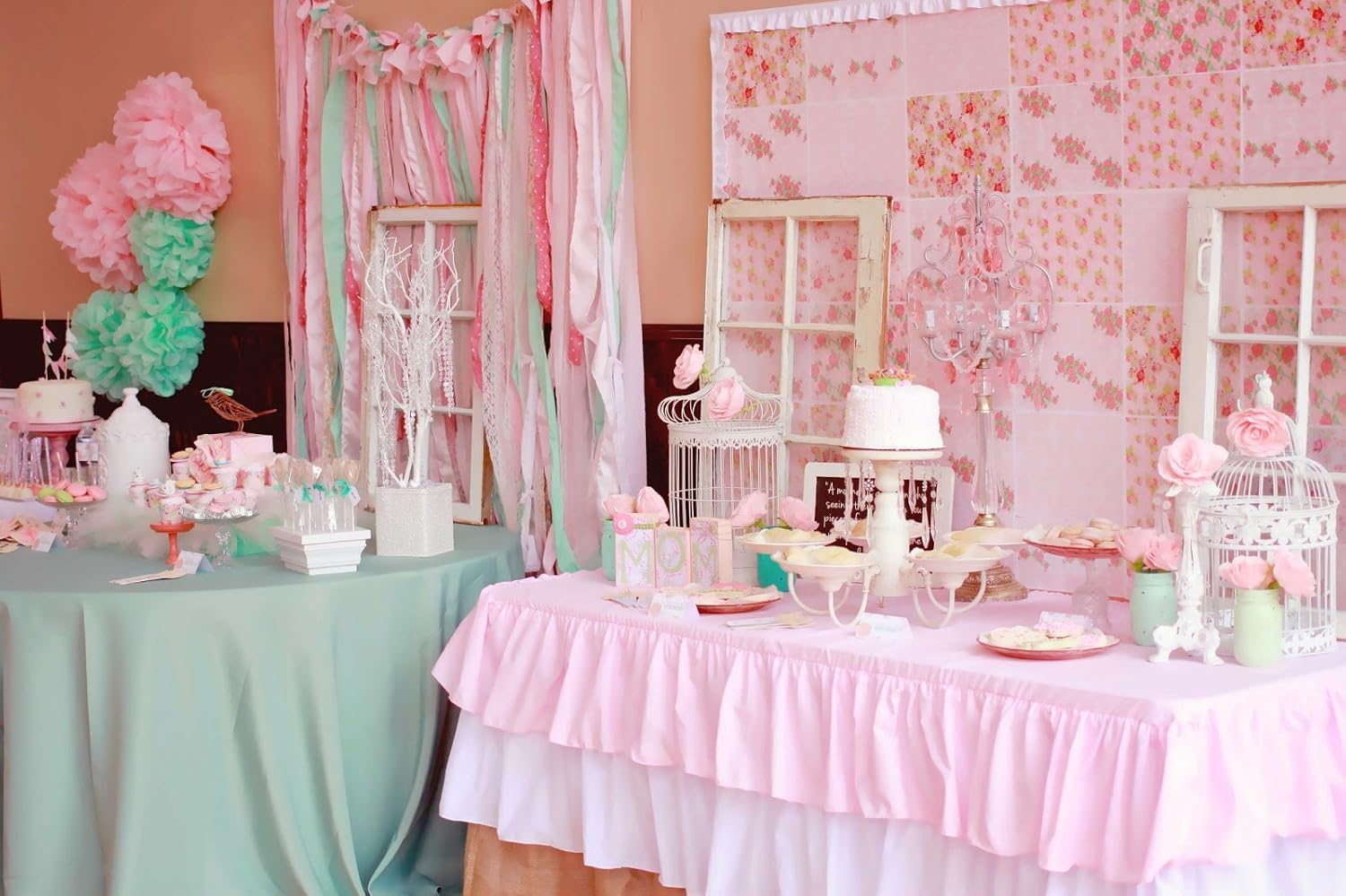 Light Pink and Mint Tissue Paper Pom Poms Decor