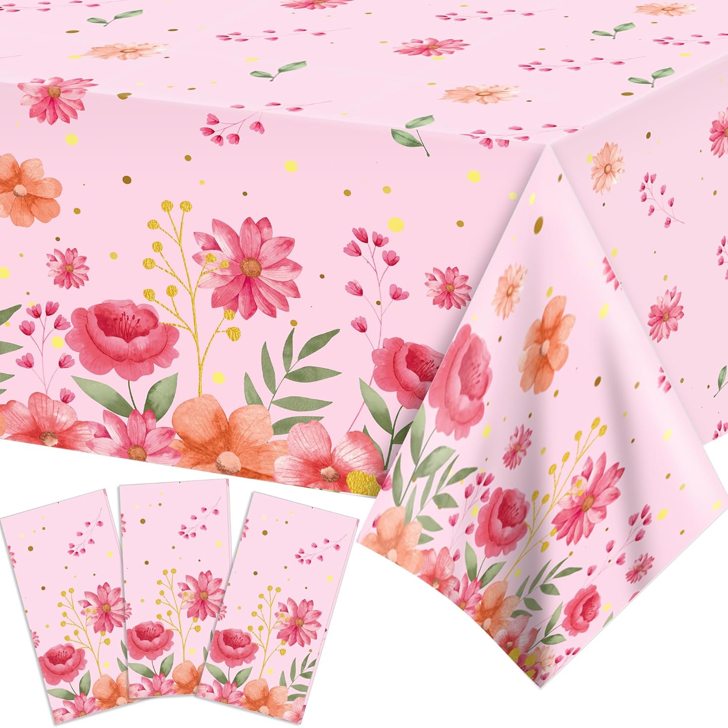 3 Pcs Watercolor Pink Flower Tablecloth 54x87In