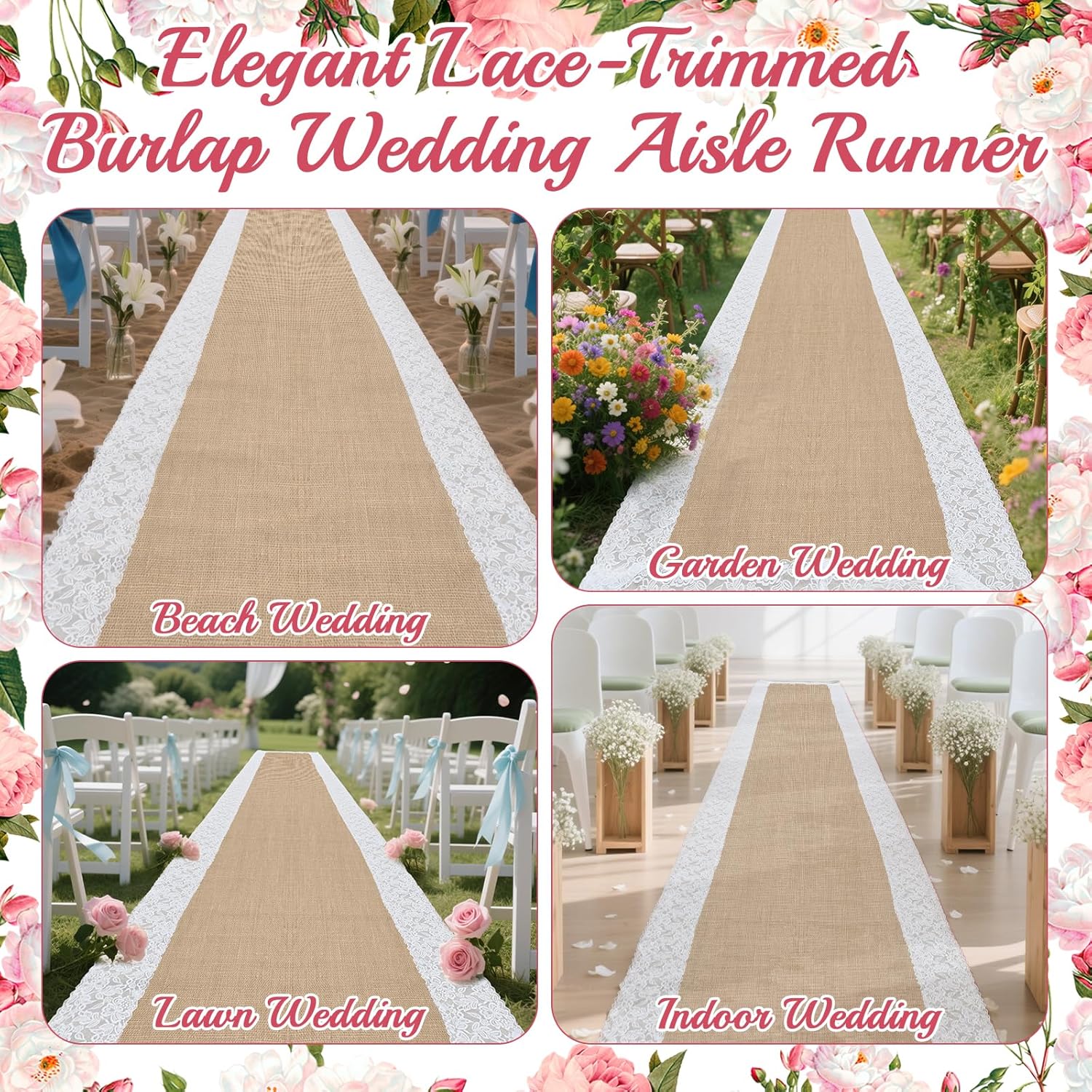 Natural Burlap Wedding Aisle Runner 3FTx20FT with Lace Trim