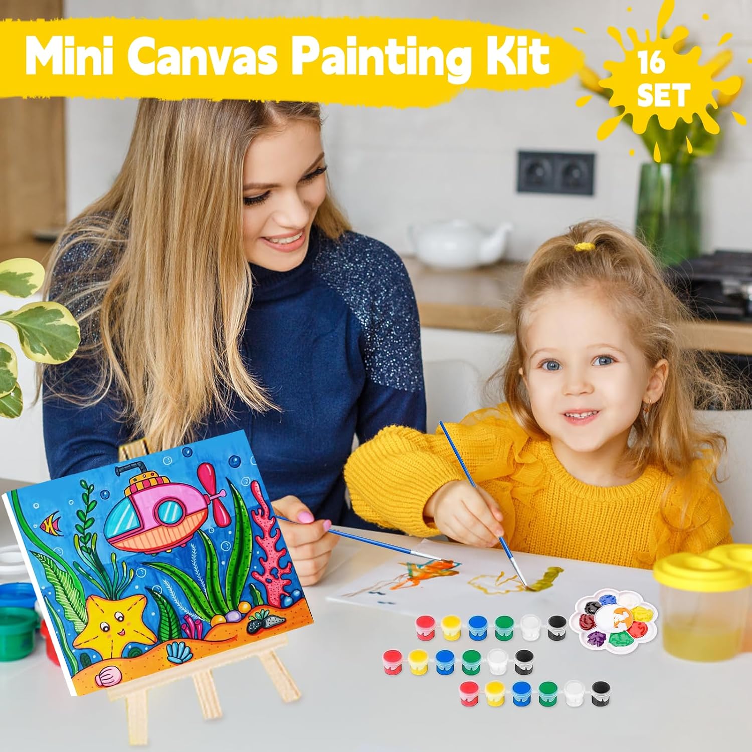 16 Pack 4x6 Inch Acrylic Paint Set with Mini Canvas and Easel